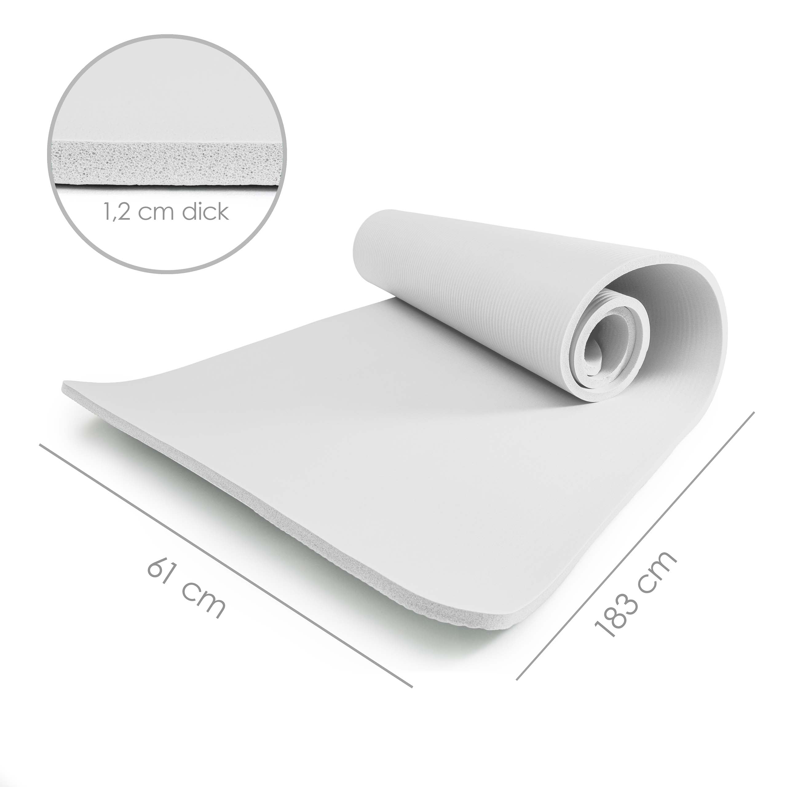Fitness- & Gymnastikmatte - 183 x 61 x 1,2 cm - Weiß, rutschfest, robust, weich, platzsparend, ideal für Yoga und Gymnastik.