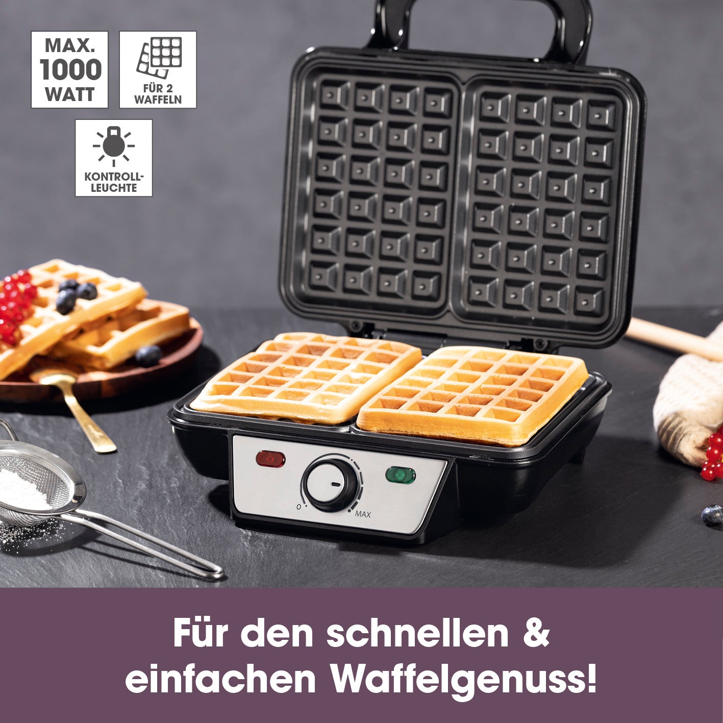 Waffeleisen für Belgische Waffeln mit Antihaftbeschichtung, stufenloser Bräunungsgrad, Cool-Touch-Griffen und rutschfesten Füßen.