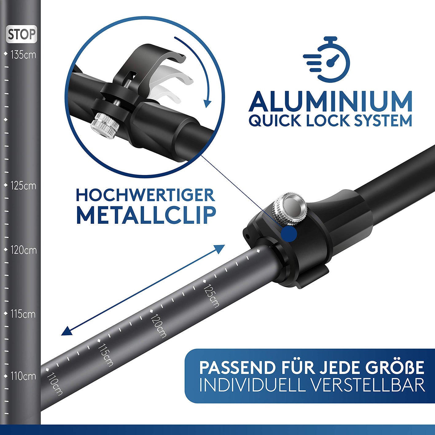 Teleskop Wanderstöcke mit Gummipuffer Set - Aluminium mit Quick-Lock System und hochwertigem Metallclip, stufenlos verstellbar bis 135 cm