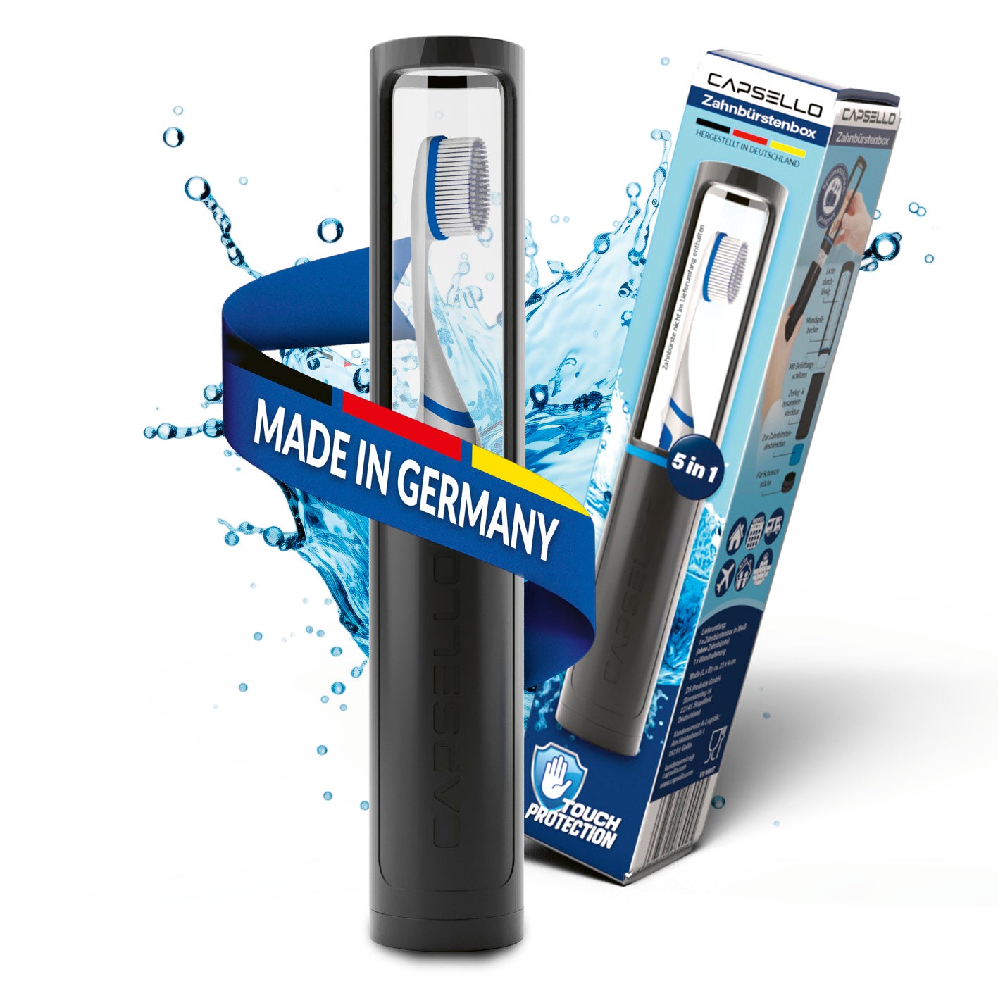 Capsello Zahnbürstenbox schwarz mit 5-in-1 Funktion, Made in Germany, schützend, belüftet und kompatibel mit den meisten Handzahnbürsten.