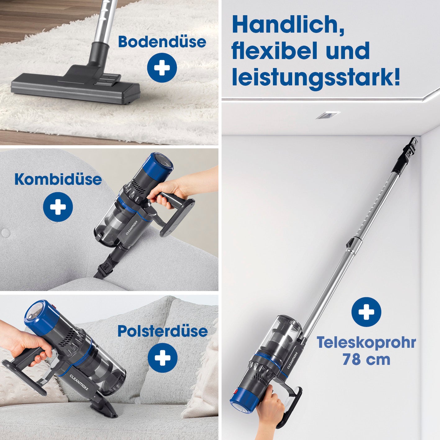 Kabelloser Hand- und Bodenstaubsauger mit Bodendüse, Polster- und Kombidüse und 78 cm Teleskoprohr, flexibel und leistungsstark.