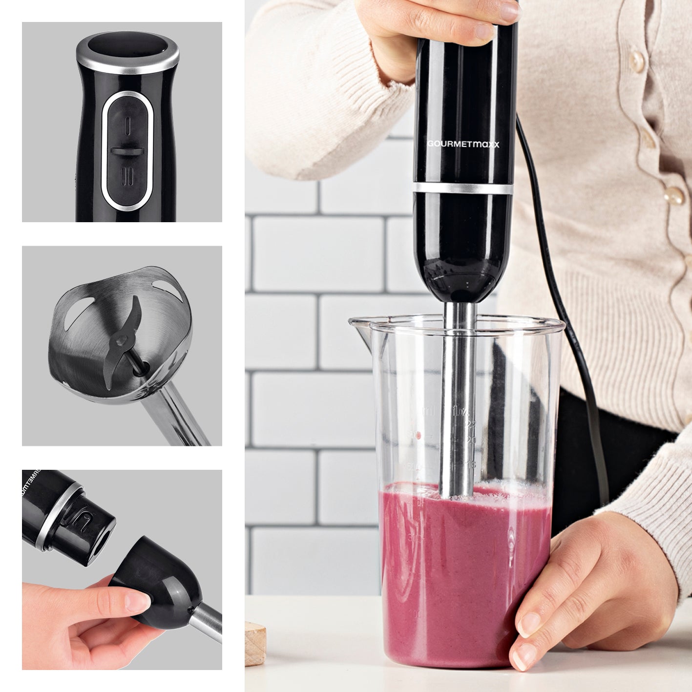 Stabmixer inkl. Rühraufsatz und Messbecher - schwarz/chrom mit Edelstahlklinge und 600-ml-Mixbecher beim Zubereiten von Smoothie.