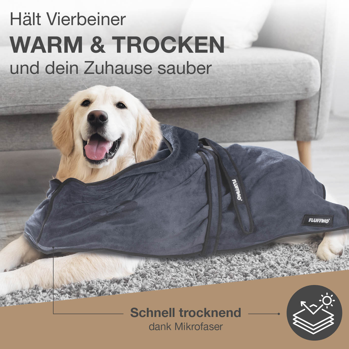 Hundebademantel - Größe S - beige/blau, saugfähig, schnell trocknend, mit Kapuze und Klettverschluss für kleine Hunde.