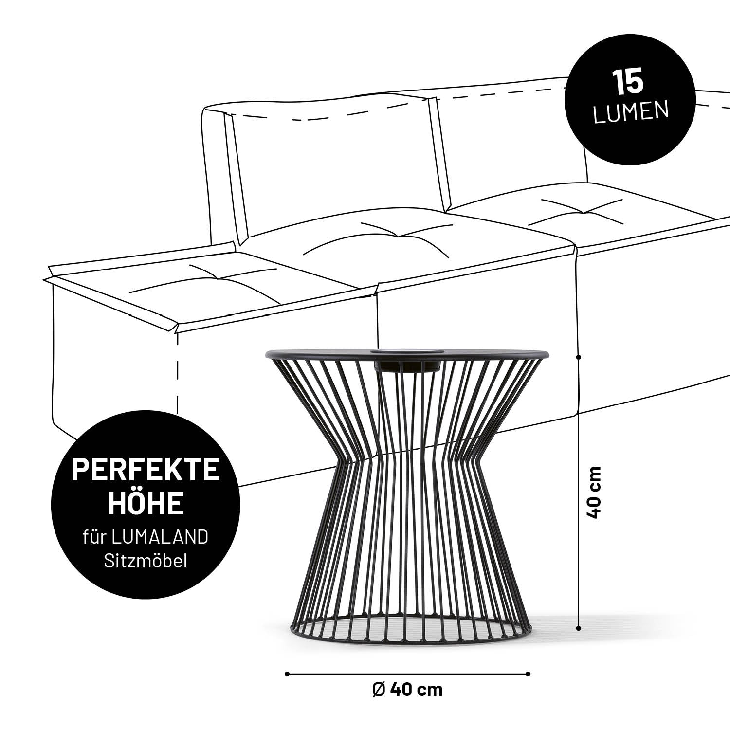 Beistelltisch 40x40 cm, pulverbeschichtetes Metall, wetterbeständig, ideal als LED-Lichtspender und praktische Ablage für In- und Outdoor.