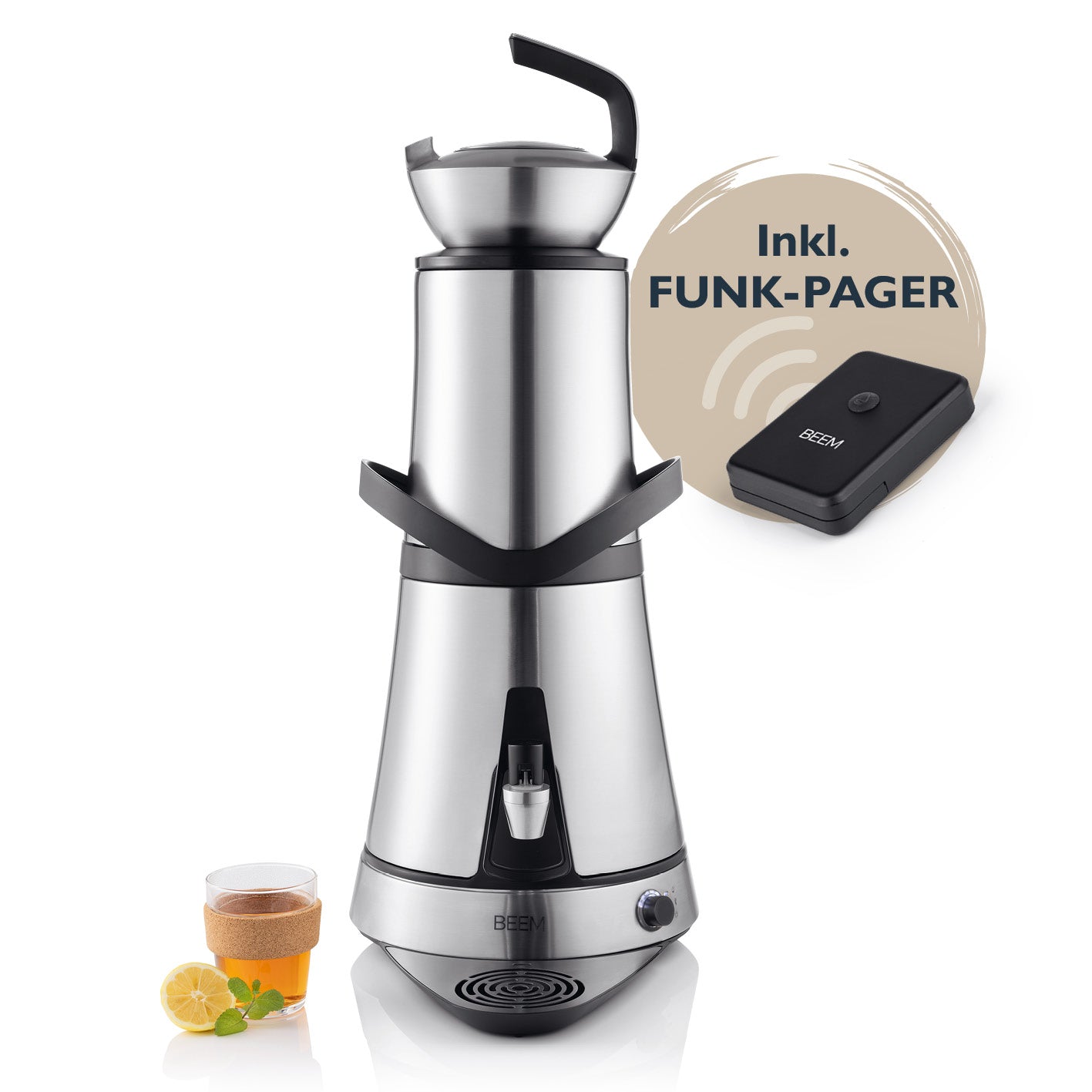 Samowar Amira mit Dispenser 10 l - Edelstahl, energieeffizient mit Funk-Pager für professionelle Teezubereitung und Wassererhitzen.