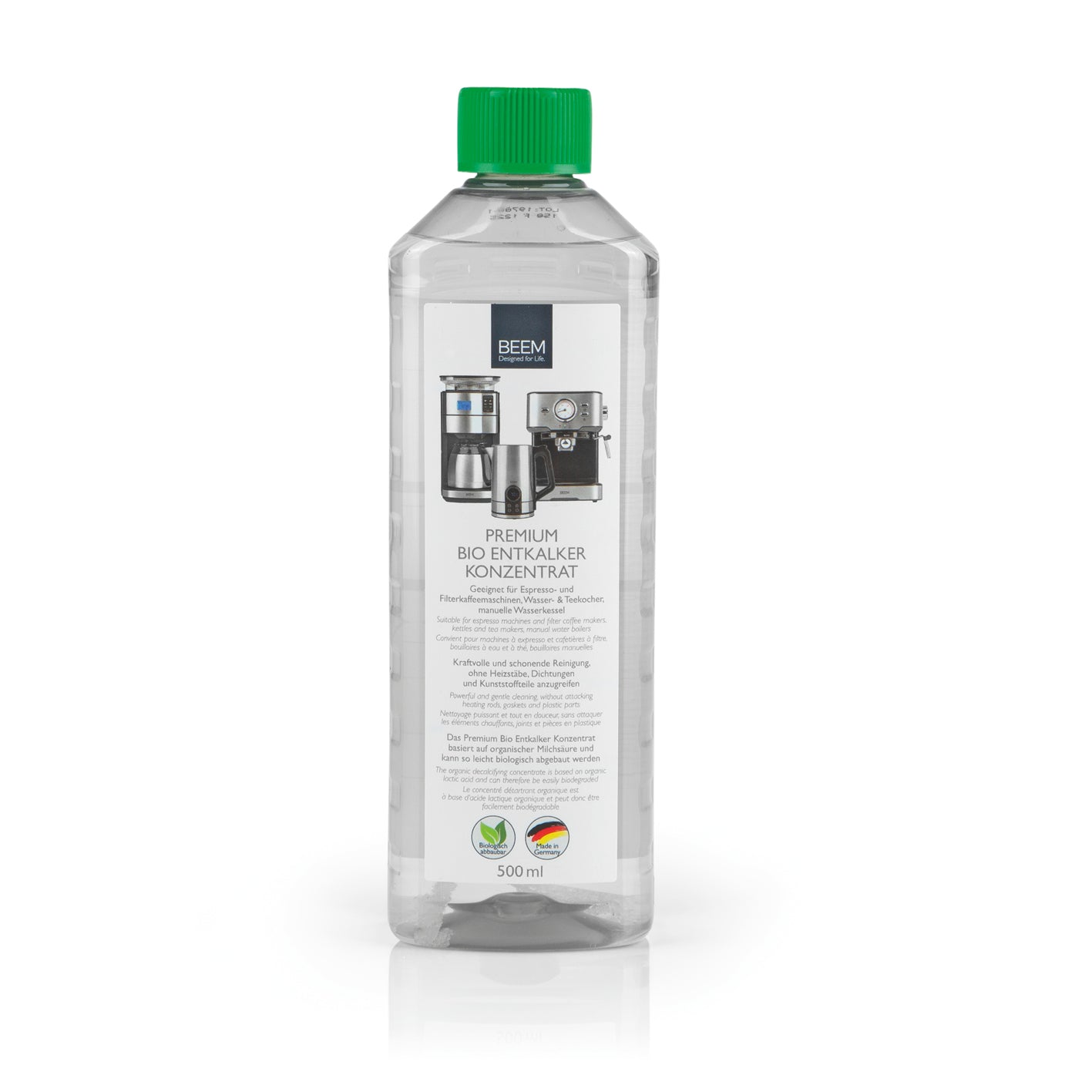 PREMIUM Bio Entkalker Konzentrat 0,5 l zur schonenden, umweltverträglichen Reinigung von Kaffeevollautomaten und Geräten aus 100% recyceltem Material.