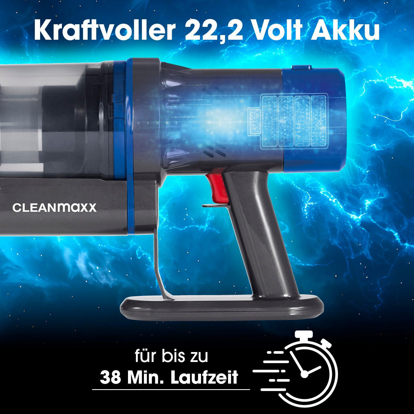 Kabelloser Hand- und Bodenstaubsauger mit kraftvollem 22,2-Volt-Akku für bis zu 38 Minuten Laufzeit und starke Saugleistung.