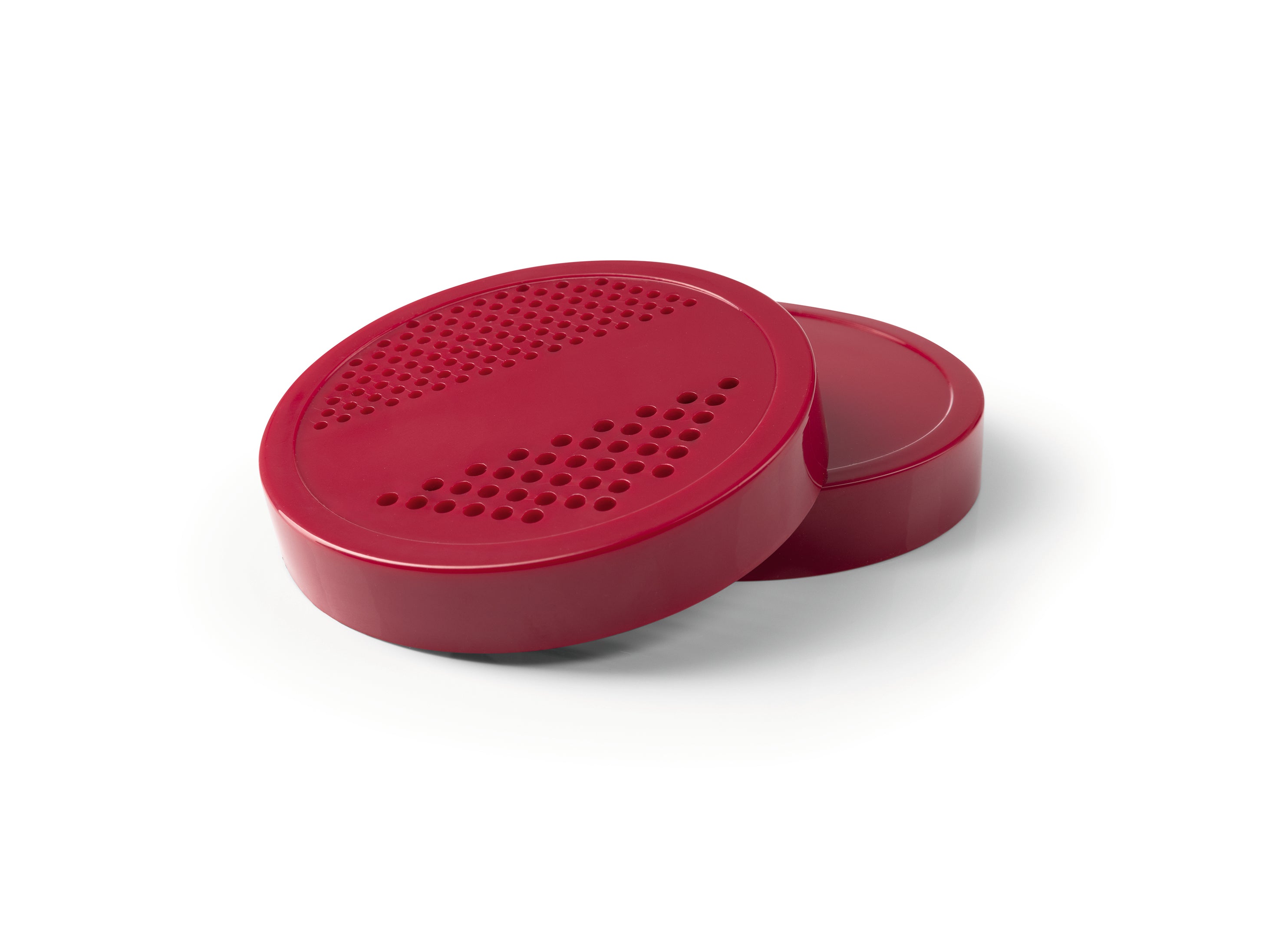 Zwei rote Deckel aus dem Zubehörset L für Mr. Magic Power 400 Pro - Rot, geeignet zum Frischhalten und Streuen.