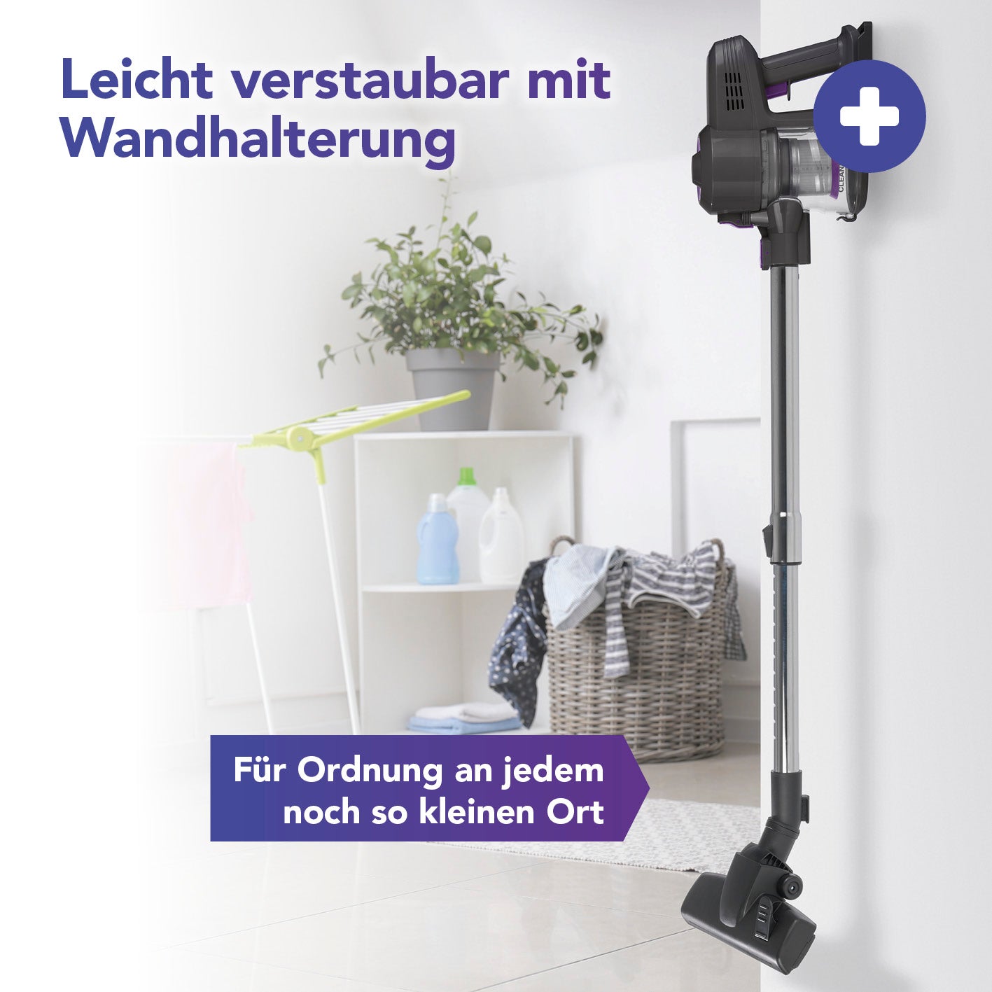 Akku-Zyklonstaubsauger mit Wandhalterung, leicht verstaubar, flexibel als Boden- oder Handstaubsauger einsetzbar.