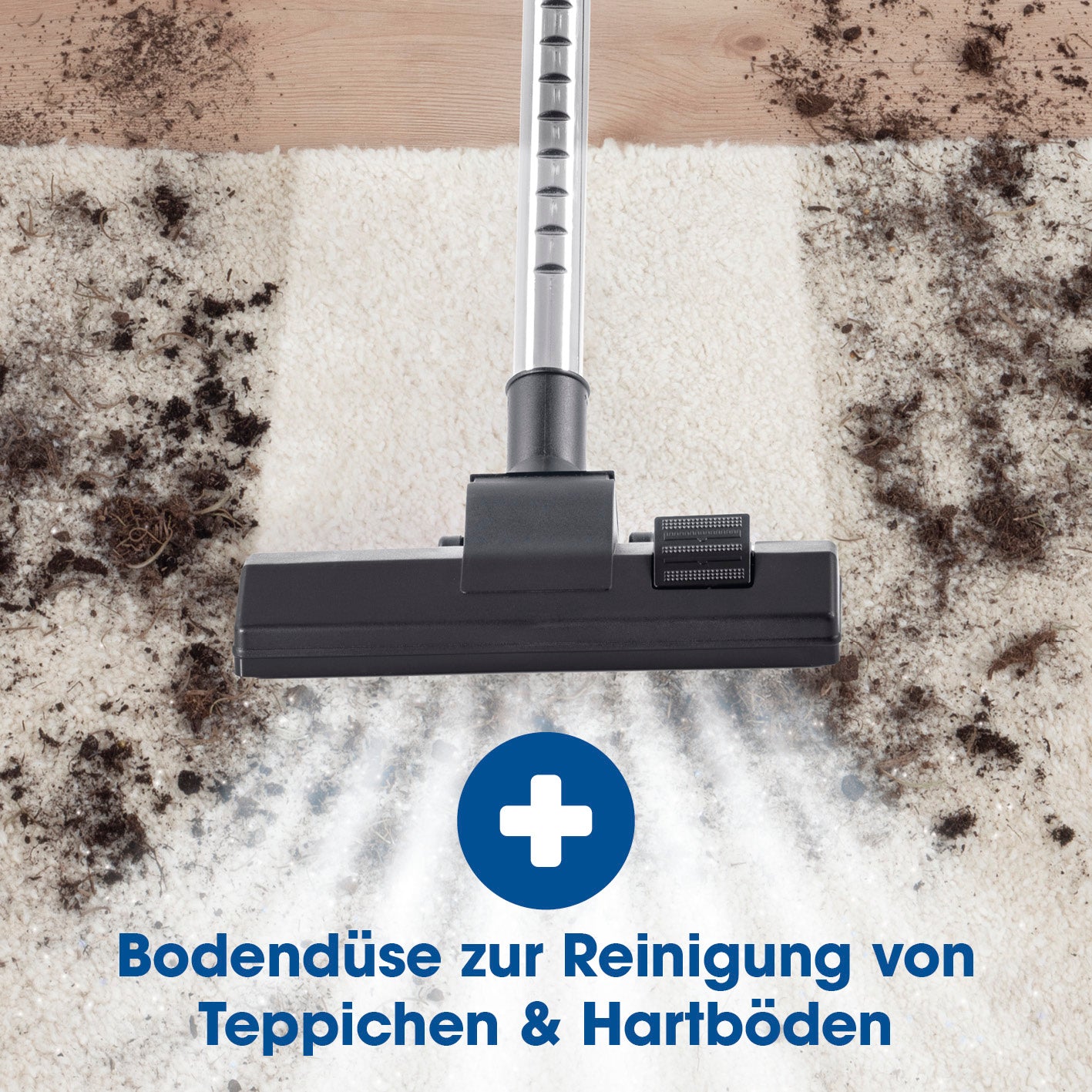 Kabelloser Hand- und Bodenstaubsauger reinigt kraftvoll Teppiche und Hartböden mit verstellbarem Teleskoprohr und starker Saugkraft.
