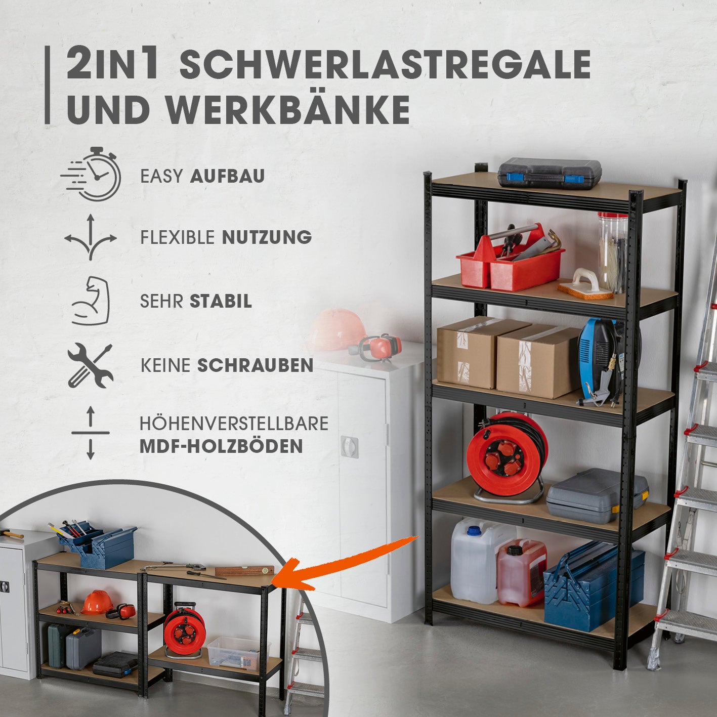 Schwerlastregal mit 5 belastbaren Holzböden - 180 x90 x 40 cm - schwarz - 2er-Set, stabiles Lagerregal und Werkbank ohne Schrauben.