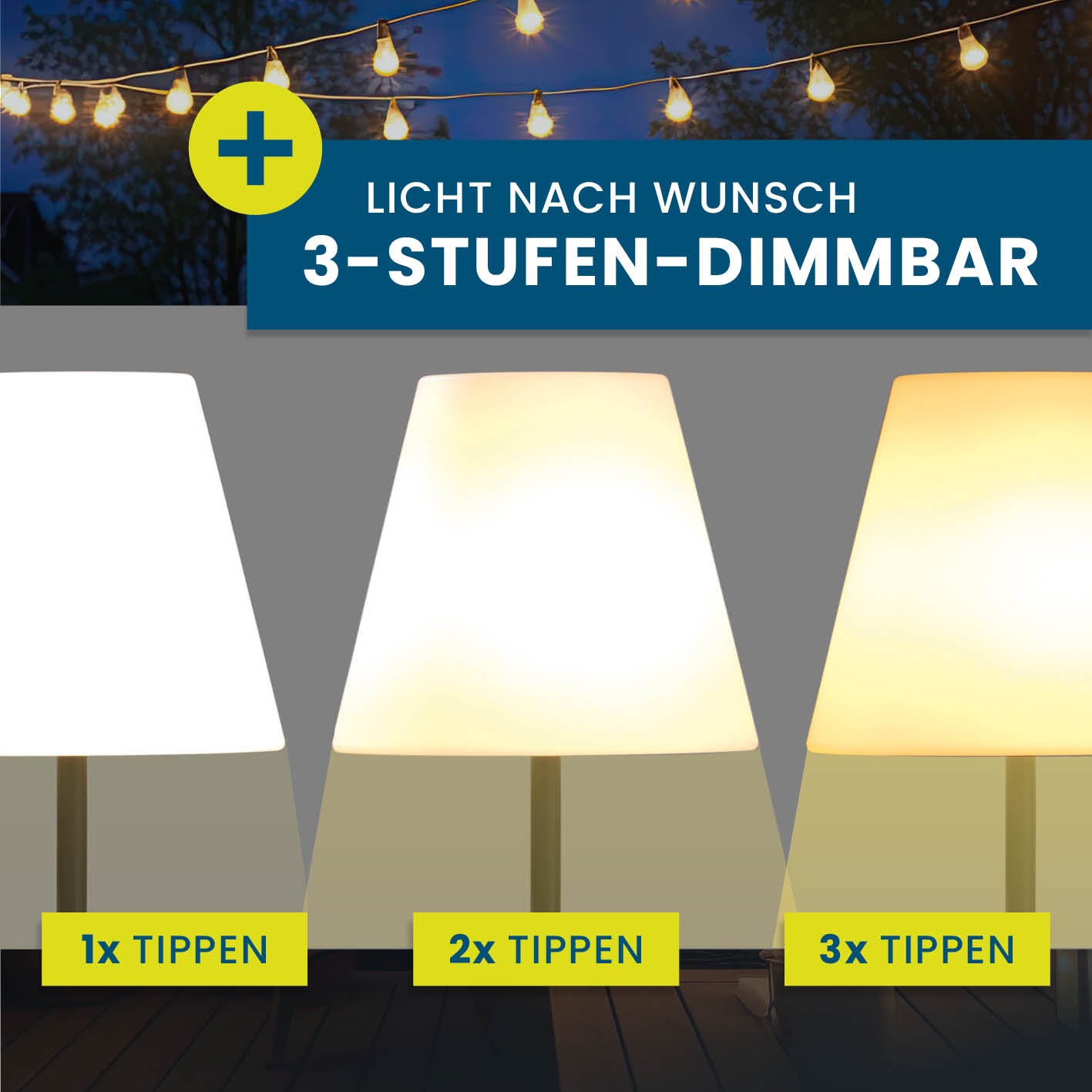 Solar-Stehlampe - 3-fach höhenverstellbar - 3 Helligkeitsstufen mit dimmbarer LED-Beleuchtung in drei Stufen per Tippfunktion.