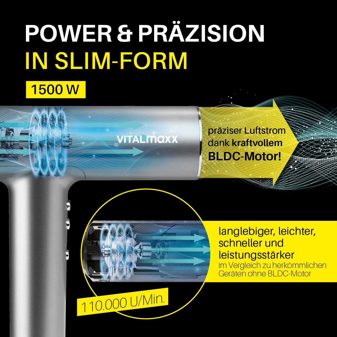 Slim Hairdryer mit kraftvollem BLDC-Motor, präzisem Luftstrom und schlankem Design für schnelles, langlebiges Trocknen.