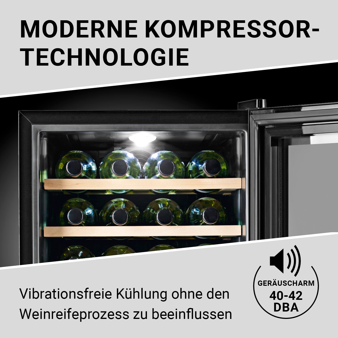 Weinkühlschrank - 28 Flaschen mit moderner Kompressor-Technologie für vibrationsfreie und geräuscharme Kühlung bei optimaler Temperatur.