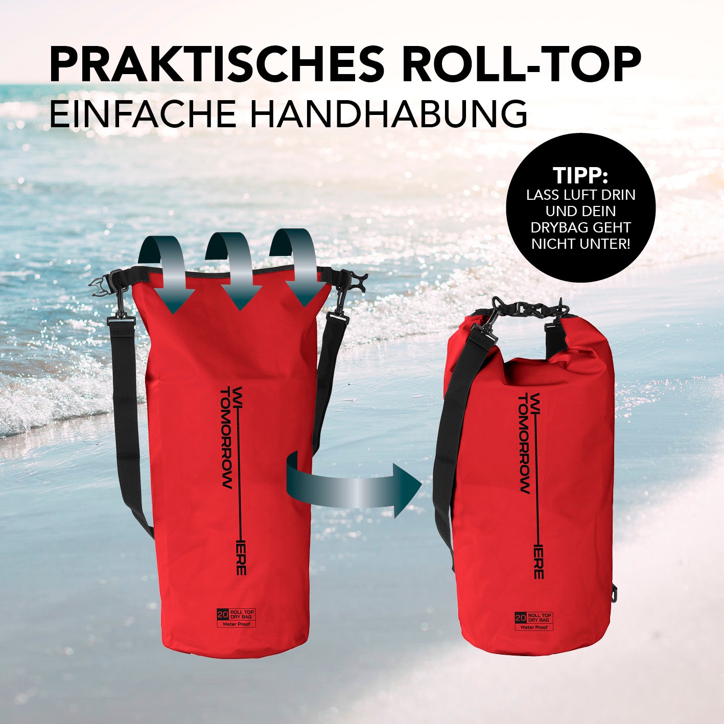 Dry Bag 20L - Style 02 - Rot mit wasserdichtem Rolltop, verstellbarem Schultergurt, ideal für Outdoor-Abenteuer am Wasser.