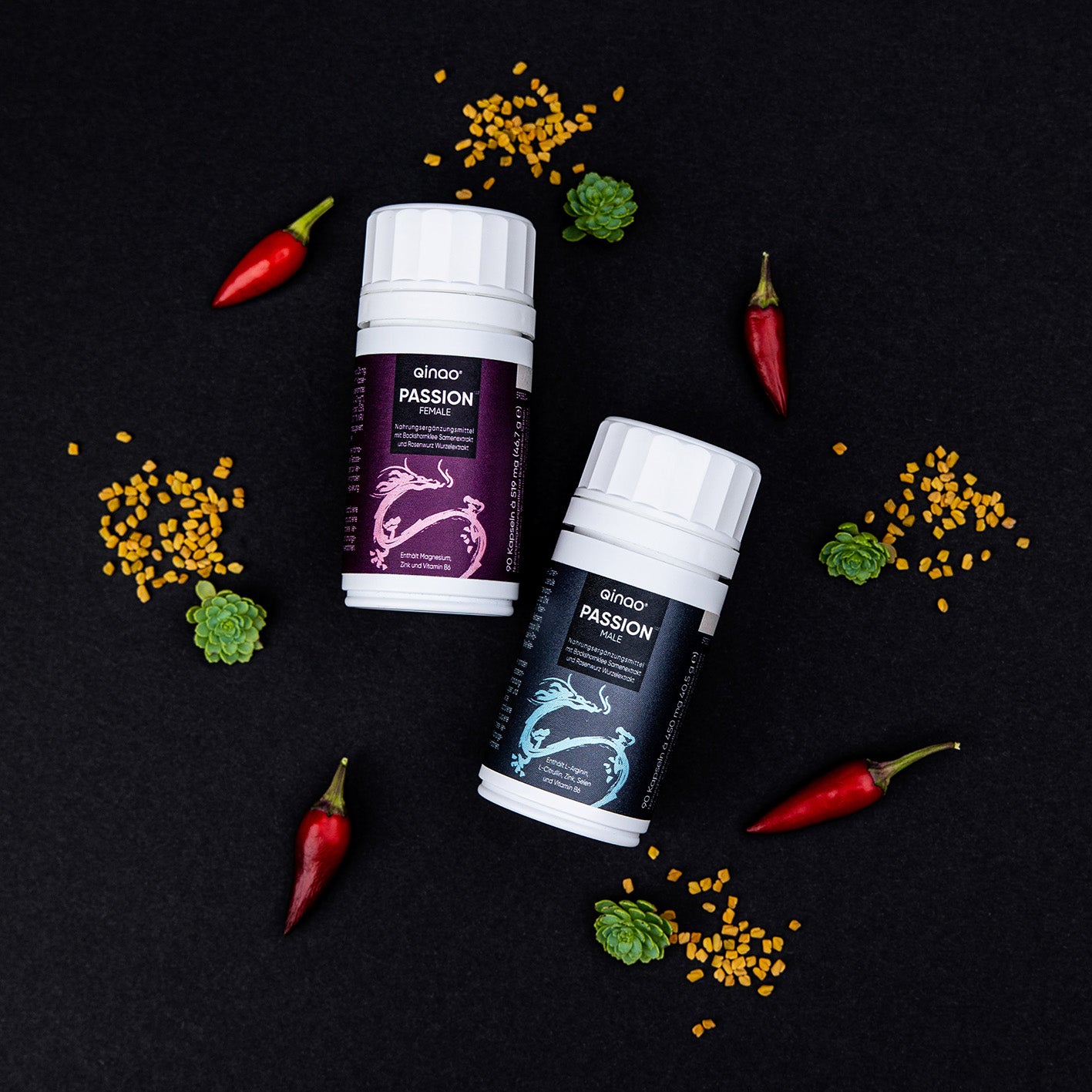 Nahrungsergänzungsmittel PASSION FEMALE & MALE 2er-Set mit Bockshornklee, Rosenwurz, Chili, Magnesium, Zink, B6, vegan und frei von Zucker.