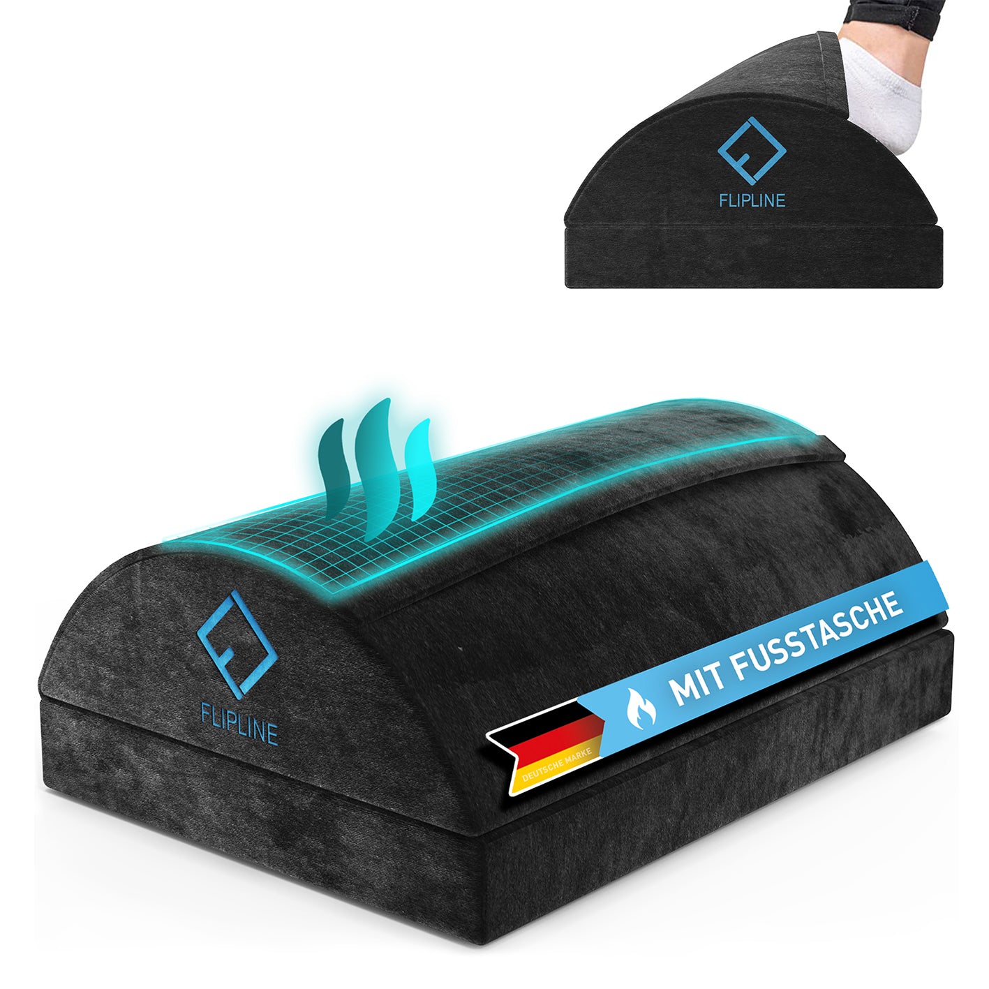 Schreibtisch-Fußstütze mit Fußtasche - Schwarz aus weichem Samtbezug, höhenverstellbar für ergonomischen Komfort und warme Füße im Büro.