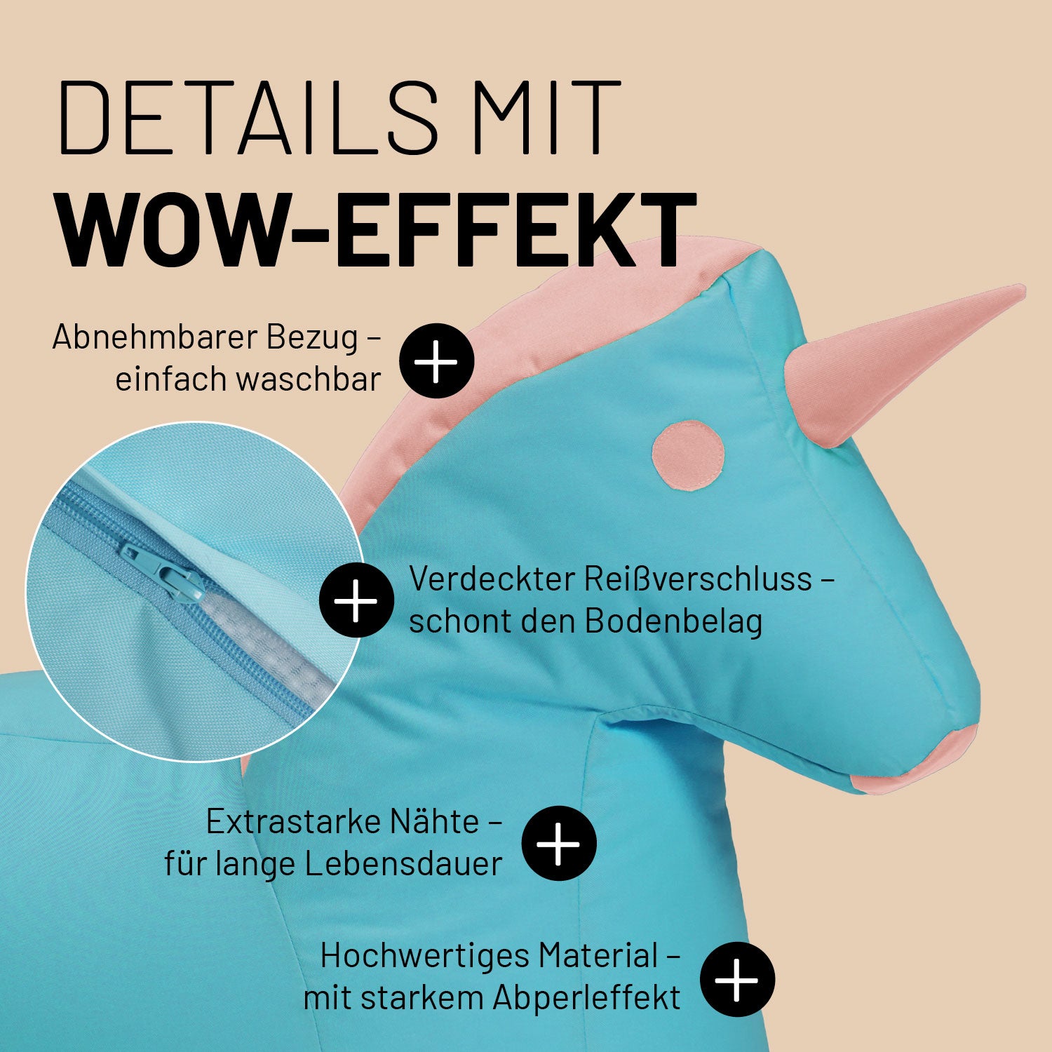 Kindersitzsack Animal Line Einhorn (120 L) in Türkis/Pastell Pink, robust, wasserabweisend, abnehmbar waschbar und mit verdecktem Reißverschluss.