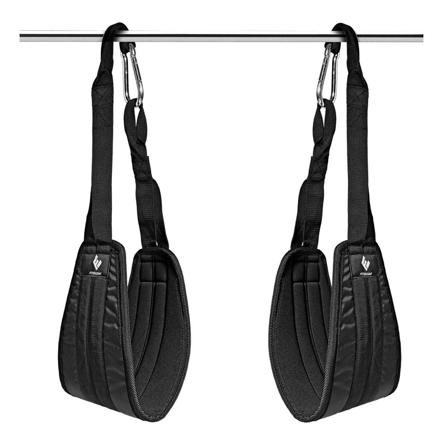 Bauchtrainingsschlaufen mit Karabinerhaken aus gepolstertem Material zur stabilen Befestigung am Reck für effektives Sixpack Training.