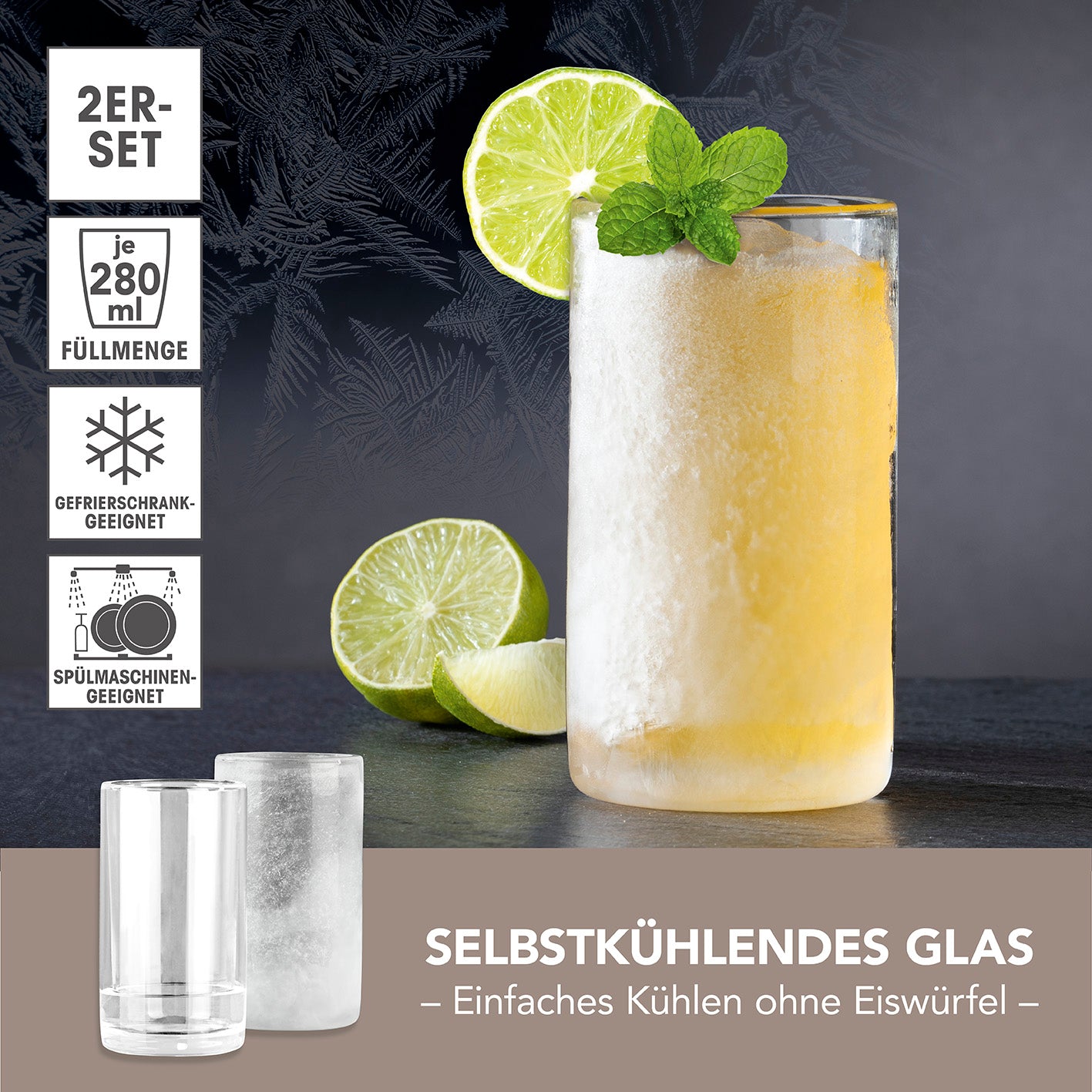 Glas selbstkühlend - 2er-Set je 280 ml mit Cooling-Gel für kühle Getränke ohne Eis, gefriergeeignet und spülmaschinenfest.