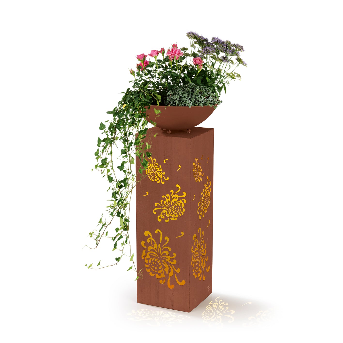 LED-Dekosäule mit Planzschale Rost-Optik "Bauernrose" 87 cm mit LED-Beleuchtung und floralem Design, ideal für Garten und Terrasse.