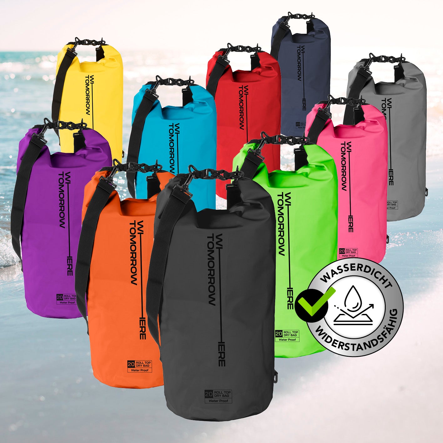 Dry Bag 20L - Style 02 - Schwarz wasserdichter, robuster Rucksack mit verstellbarem Gurt und UV-Schutz für Outdoor-Abenteuer.