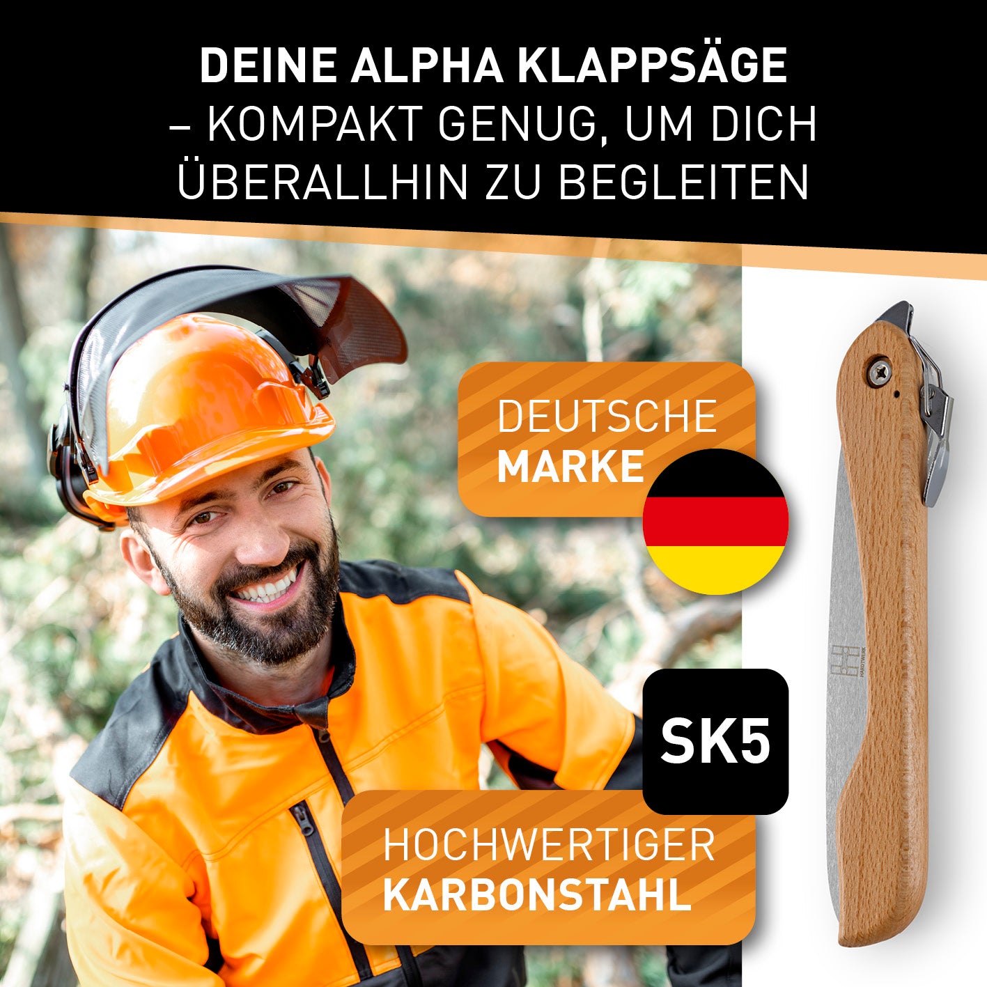 Klappbare Handsäge aus Karbonstahl - 21 cm mit Safety Lock und 3D-Verzahnung für präzise, saubere Schnitte bei Outdoor- und Gartenarbeiten.