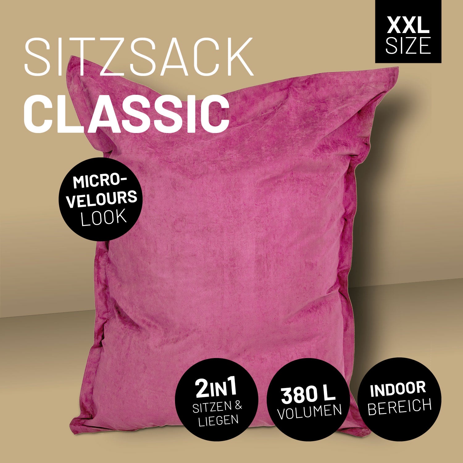 XXL Microvelours Sitzsack (380 L) - pinker, stilvoller Riesensitzsack für Indoor, bequem zum Sitzen und Liegen.