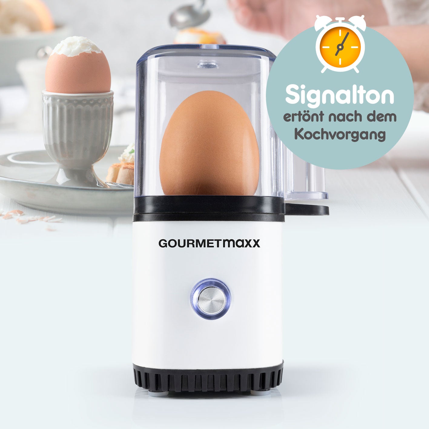 Design-Eierkocher 1 Ei - Weiß mit Signalton, kompakt, für perfekte Eier ohne Herd, einfach zu bedienen und leicht zu reinigen.