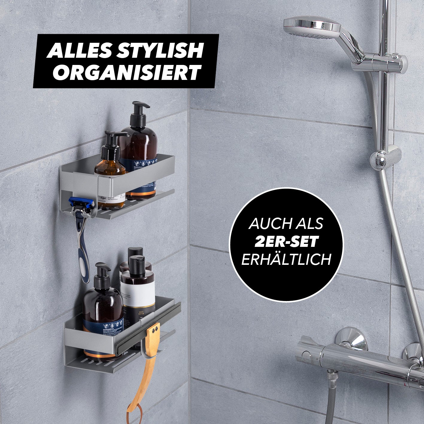 Dusch-Organizer zum Kleben oder Bohren - Silber, rostfreier Edelstahl mit Hakenleiste und wasserdichtem Design für Shampoo und Duschutensilien.