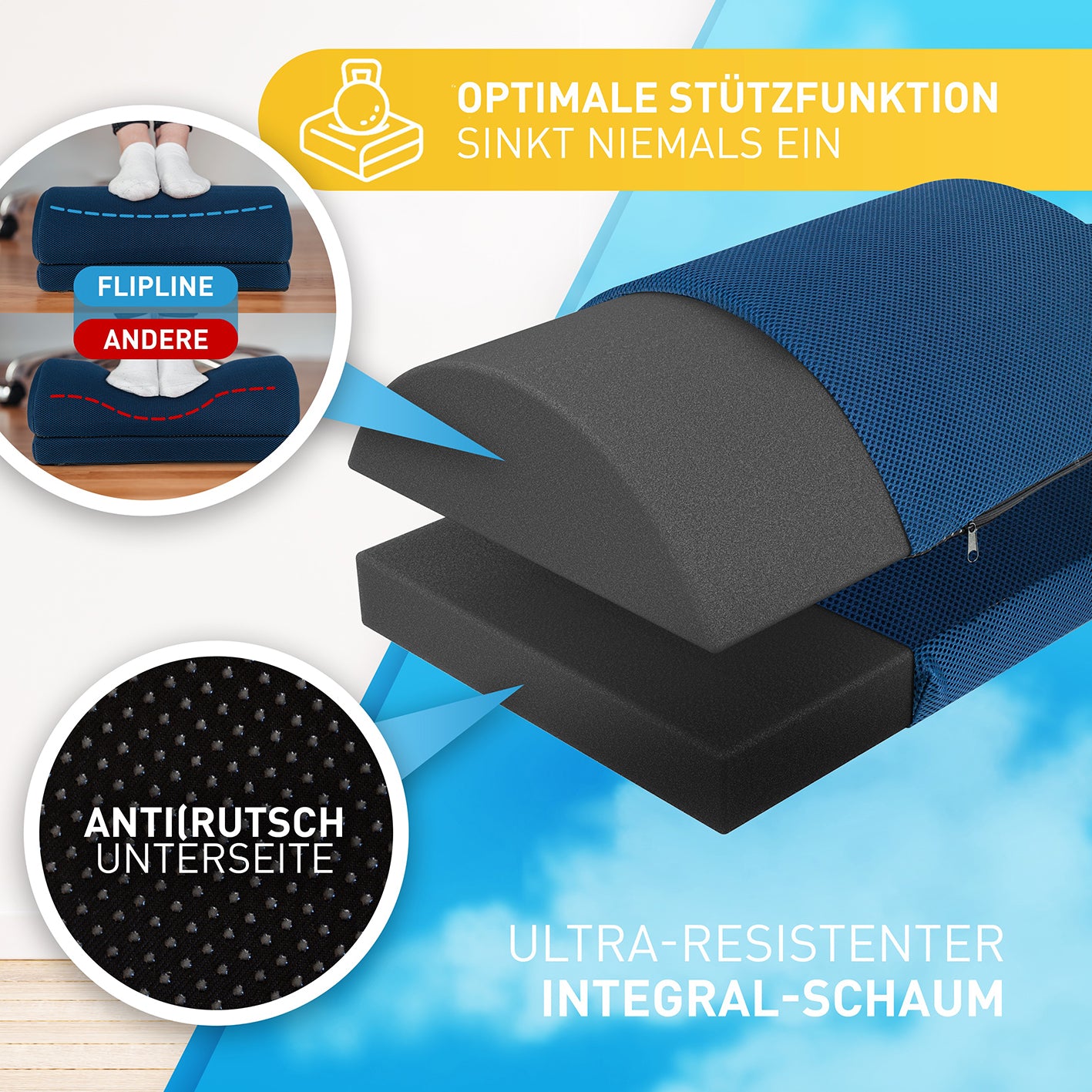 Schreibtisch-Fußstütze Mesh - Blau mit wasserabweisendem Netzbezug, höhenverstellbar, rutschfester Unterseite für ergonomischen Komfort.