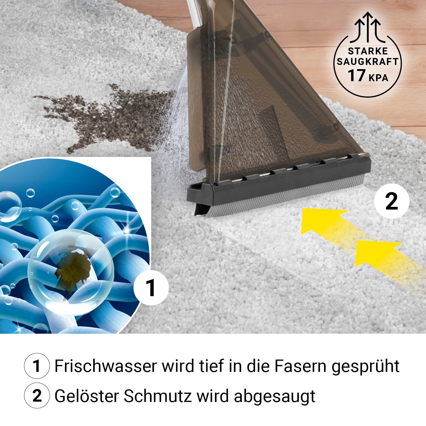 Sprüh- und Waschsauger Deep Clean reinigt Teppiche mit Sprühfunktion und starker Saugleistung für tiefenwirksame Fasernreinigung.