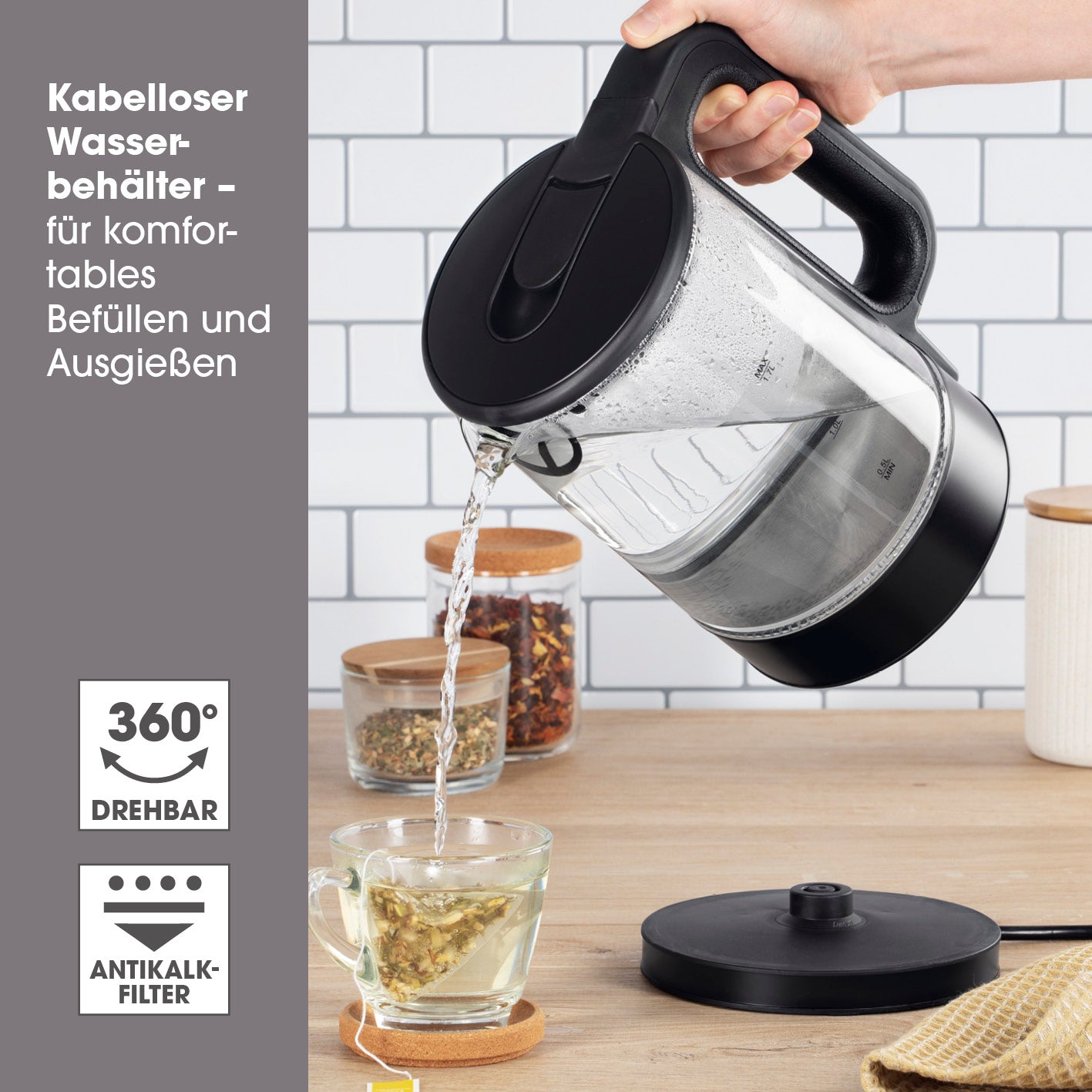 Glas-Wasserkocher LED - 1,7l - schwarz matt mit kabellosem Behälter, 360° drehbarem Sockel und entnehmbarem Antikalkfilter.