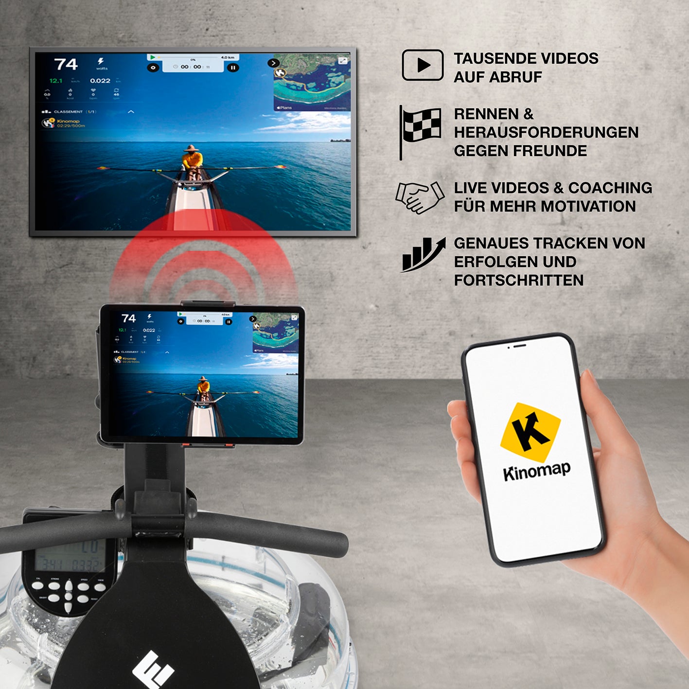 Wasser-Rudergerät Smart zeigt Kinomap-Trainings-App mit Videos, Live-Coaching und interaktiven Wettkämpfen für effektives Rudern.