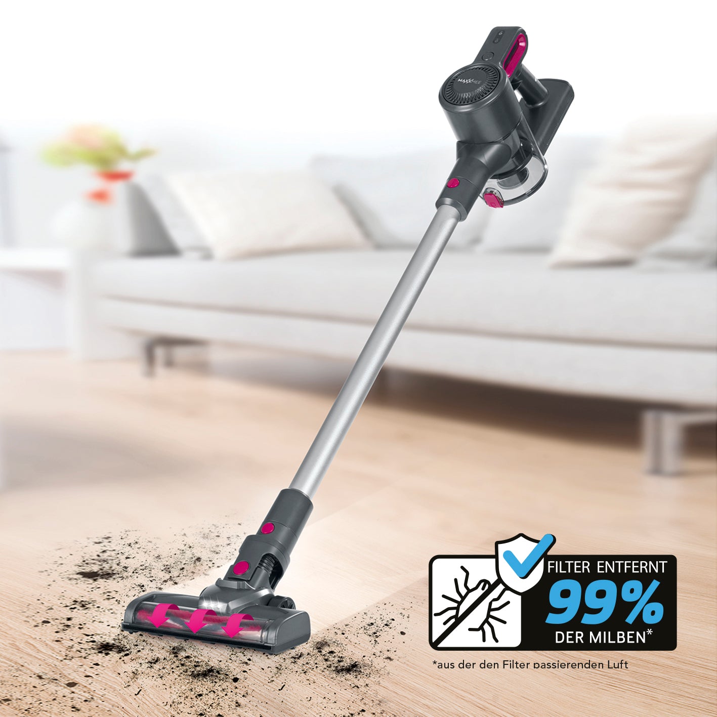 Akku-Zyklon-Staubsauger Verlängerungsrohr bis 80 cm anthrazit/pink mit 3-fach-Filter entfernt 99,95 % mikroskopische Partikel.