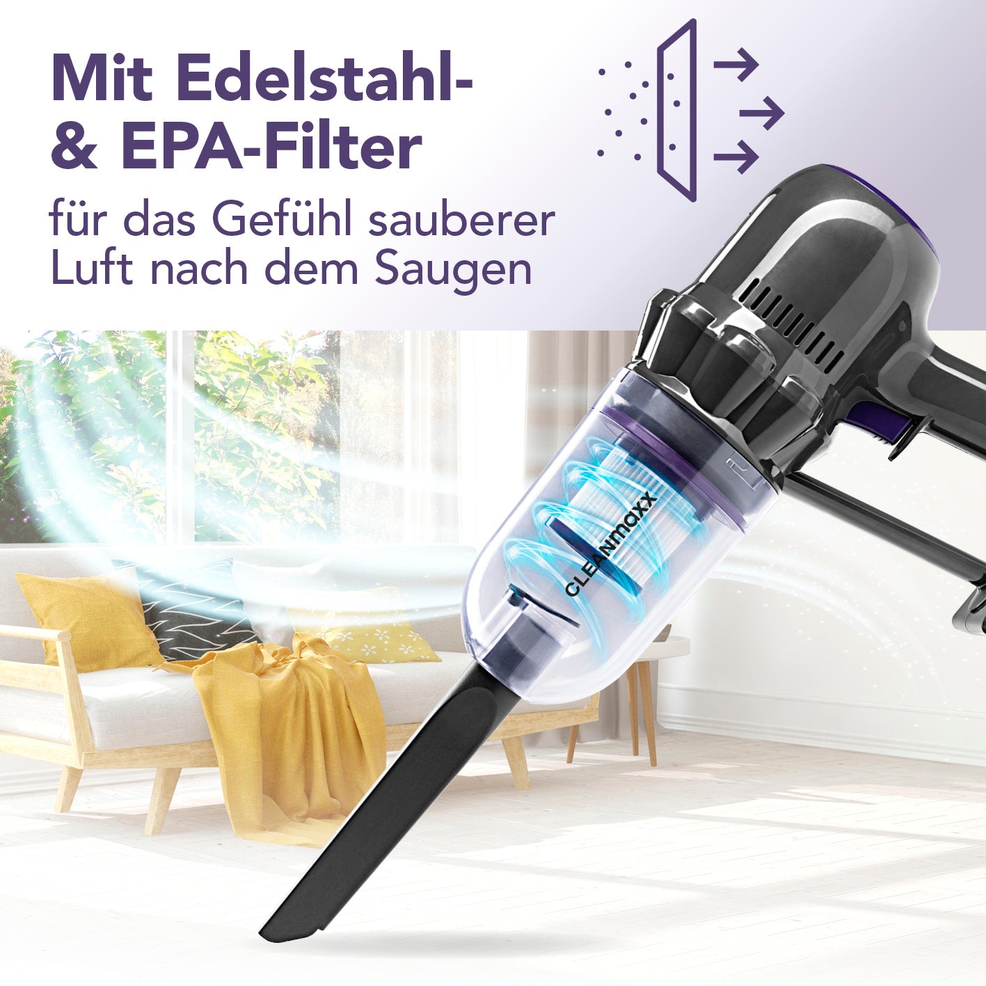 Akku-Staubsauger mit Edelstahl- und EPA-Filter für saubere Luft und effizientes Saugen von Schmutz auf verschiedenen Oberflächen.