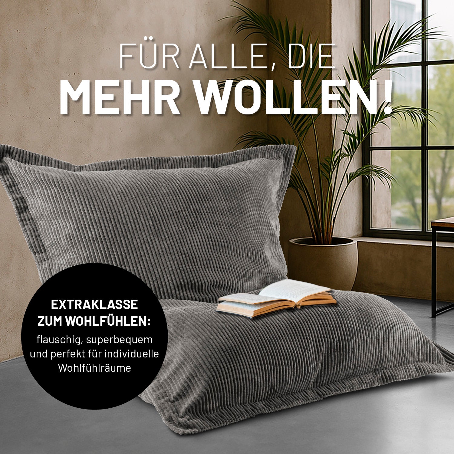 Sitzsack Classic XXL aus der LUMALAND Cord-Reihe - 380 L - 140 x 180 cm - Grau, kuscheliger Cord-Bezug, großes Polstermöbel für modernes Wohnen.