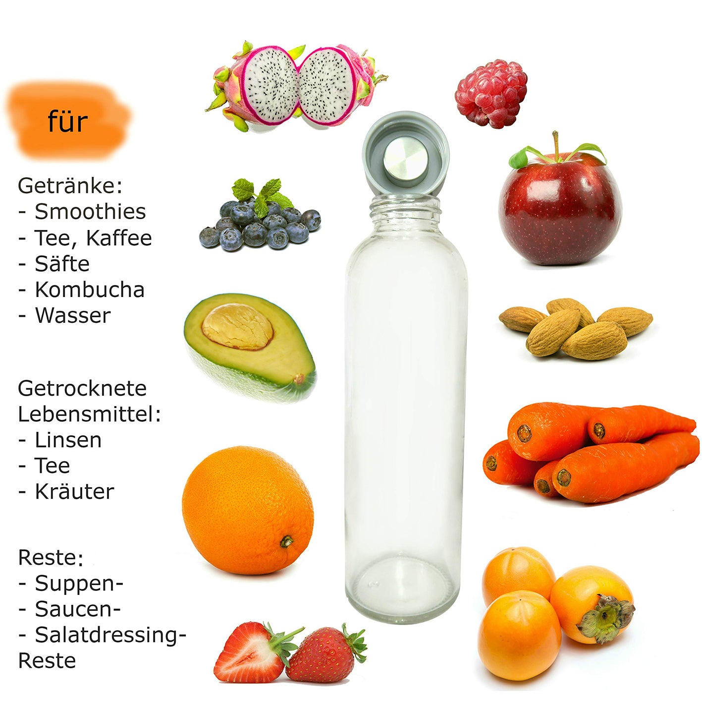 Glasflaschen 500 ml, 6er-Set + Flaschenbürste aus robustem Kalknatronglas, ideal für Getränke und Lebensmittel, inkl. Reinigungsbürste.
