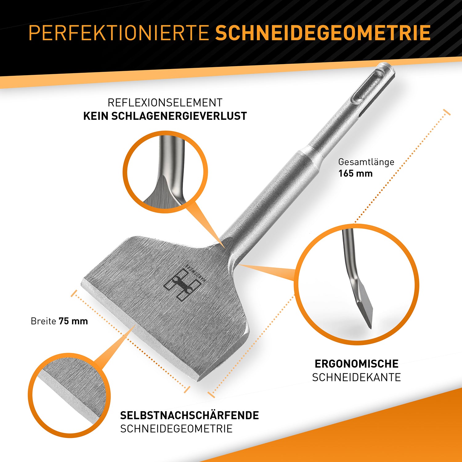 Fliesenmeißel für Bohrhammer mit selbstschärfender Schneidgeometrie, ergonomischer Kante und 75 mm Breite, 165 mm lang.