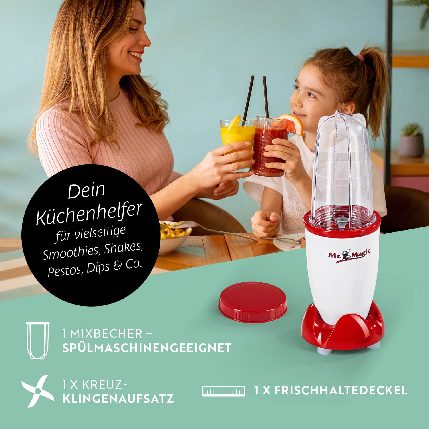 Mr. Magic Mixer - Weiß/Rot mit 4-teiligem Set, 8 Funktionen für Smoothies, Shakes, Pestos und einfache Reinigung.