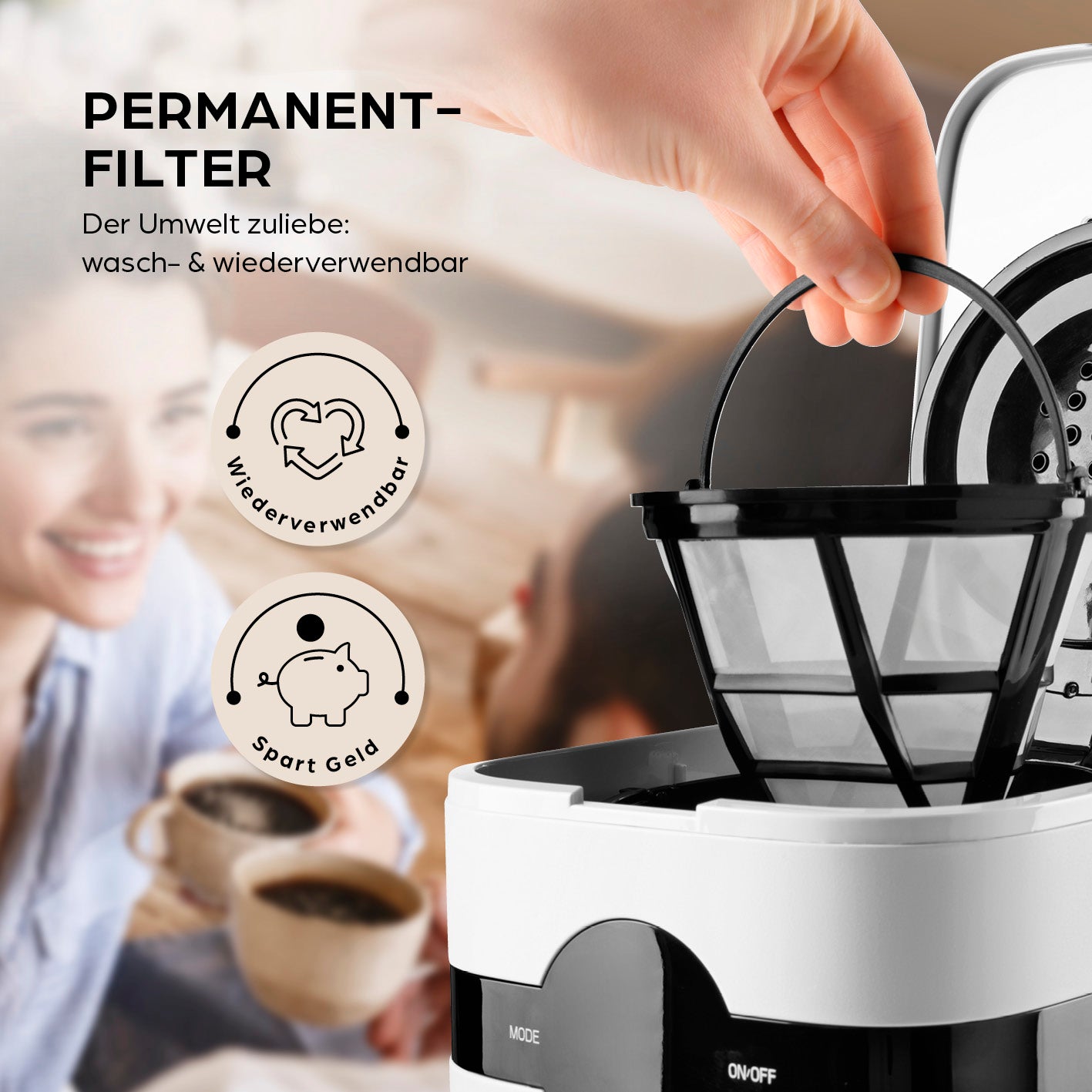 Filterkaffeemaschine Touch Iso - weiß mit waschbarem Permanentfilter für nachhaltigen Kaffeegenuss ohne Filternachkauf.