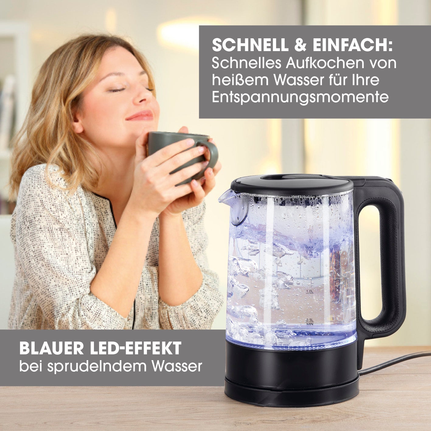Glas-Wasserkocher LED - 1,7l - schwarz matt mit blauem LED-Effekt, großer Wasserstandsanzeige und modernem Design zum schnellen Aufkochen.