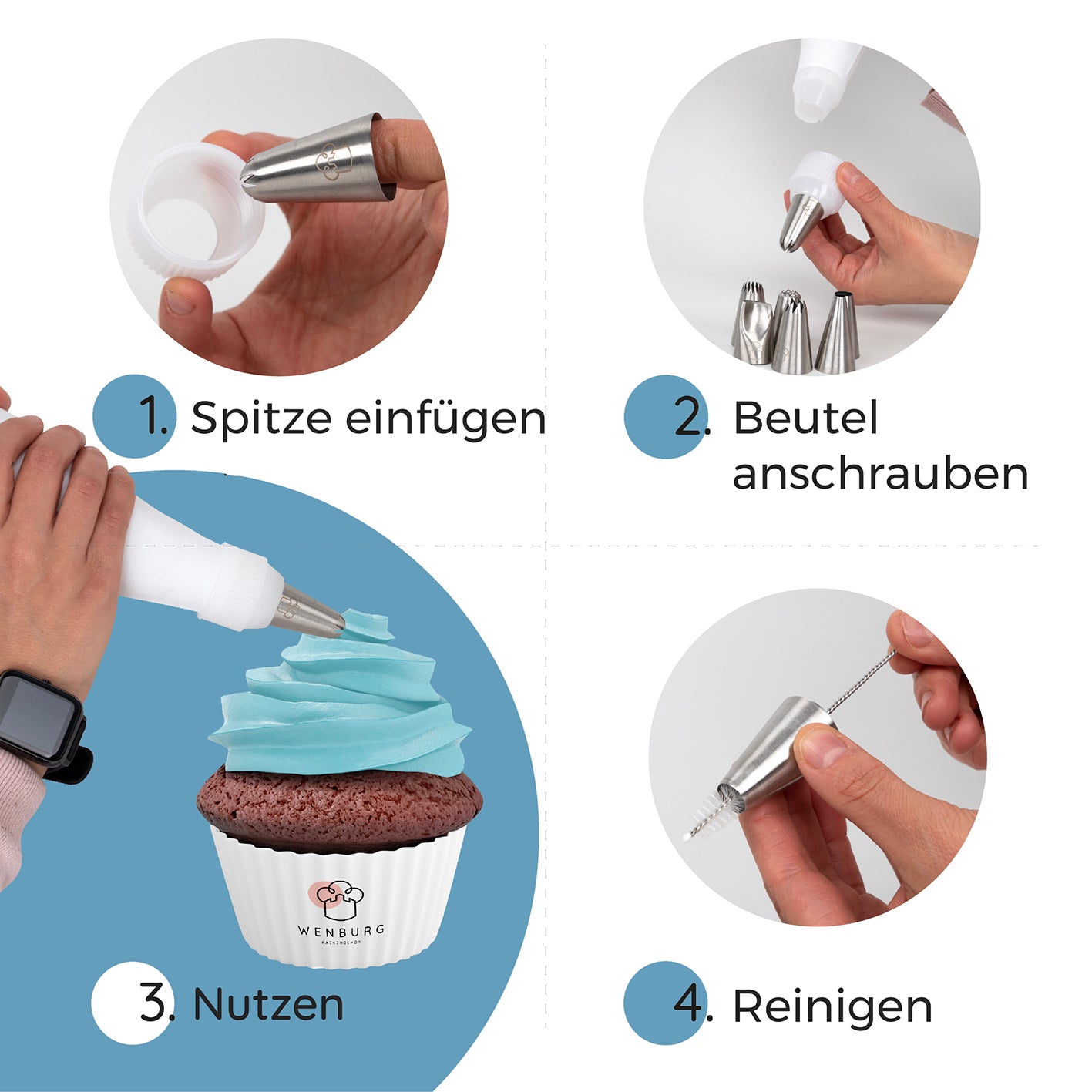Spritzbeutel-Set - 11 tlg. zeigt Anleitung mit Tüllen, Beutel, Cupcake-Deko und Reinigungsbürste für einfache Kuchengestaltung.
