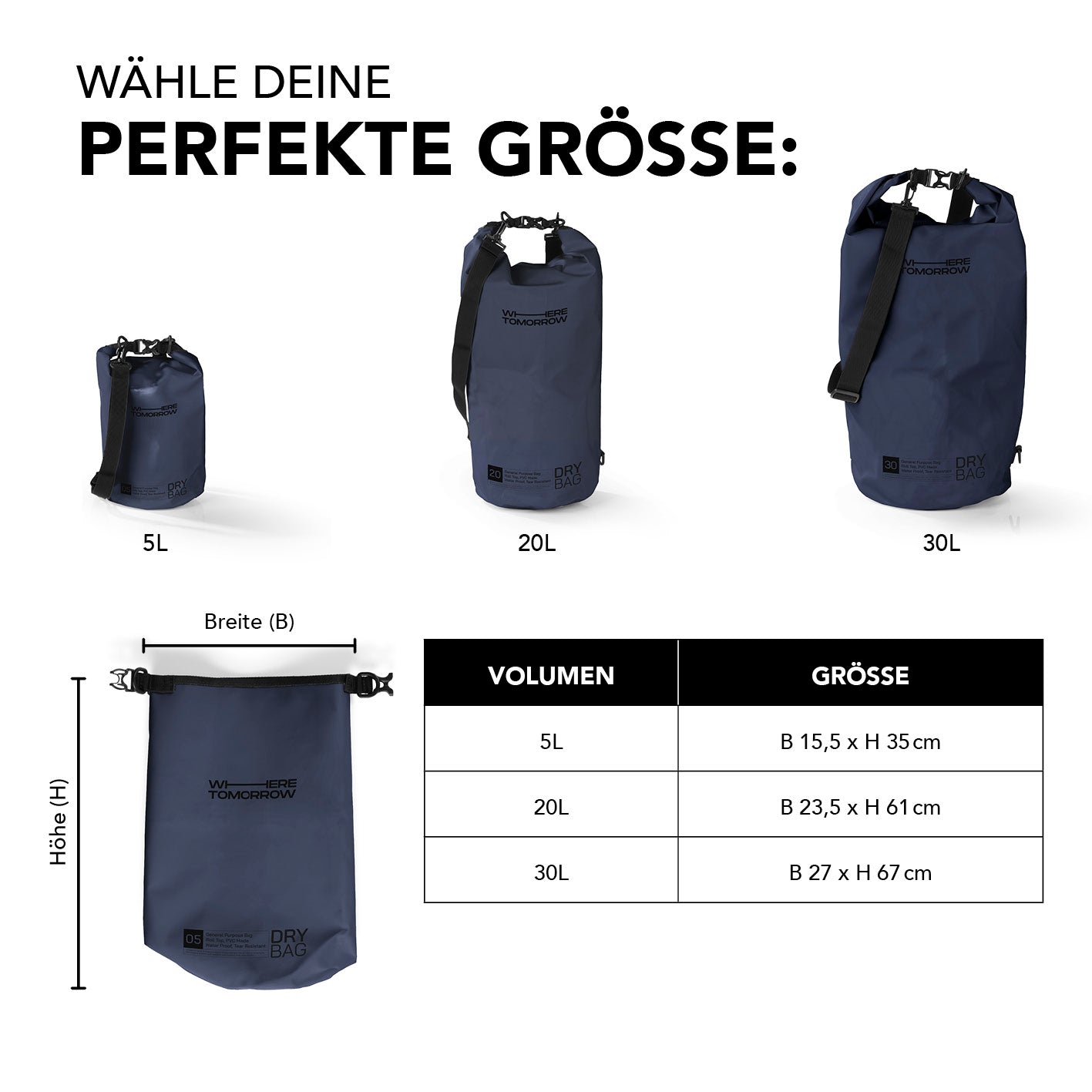 Dry Bag 30L - Style 01 - Dunkelblau, wasserdichter Rucksack mit robustem Rolltop für Outdoor-Abenteuer, verstellbarer Schultergurt.
