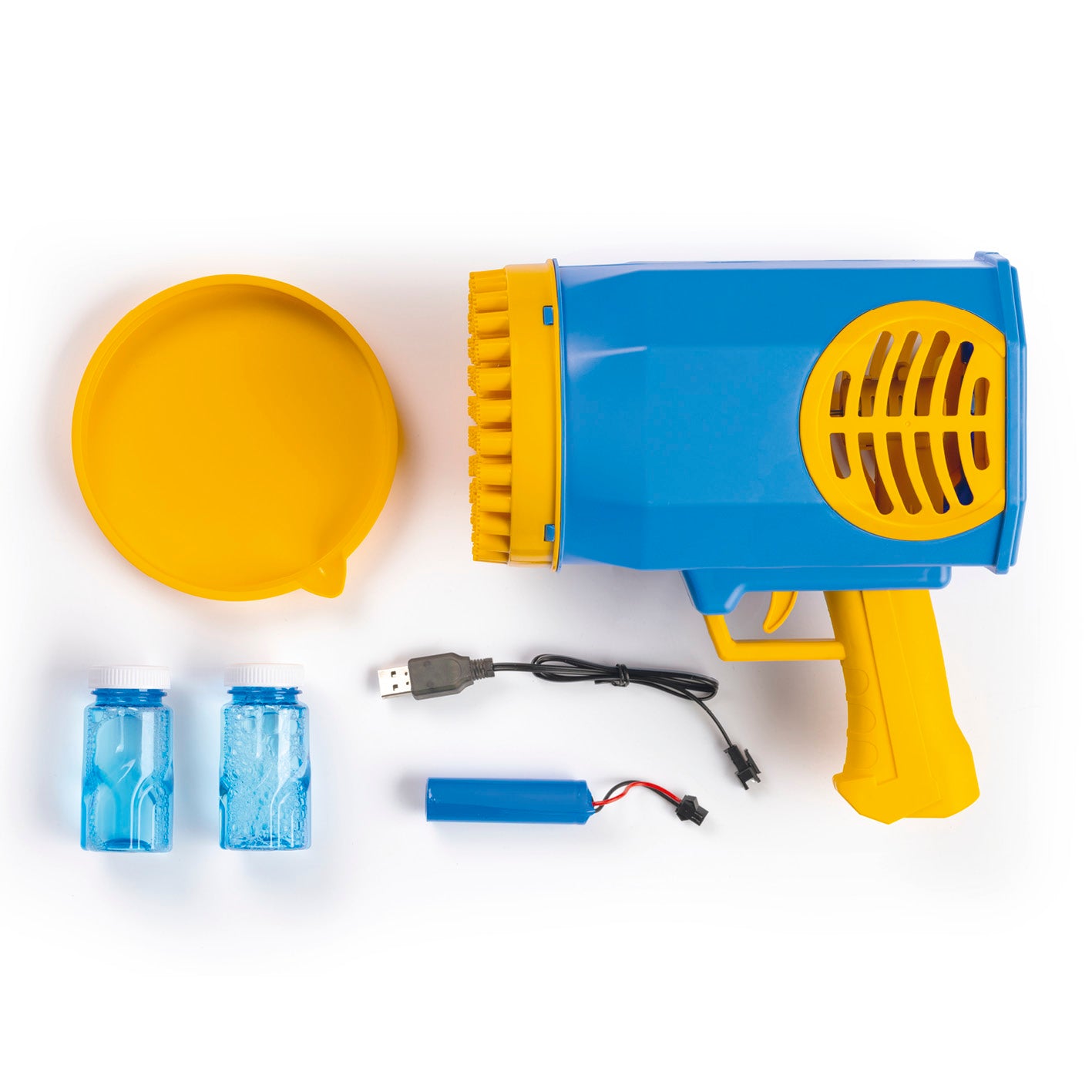 Bubble Maker / Seifenblasengerät in Blau und Gelb mit Akku, USB-Ladekabel, 2 Flaschen Seifenlösung und gelbem Trichter.