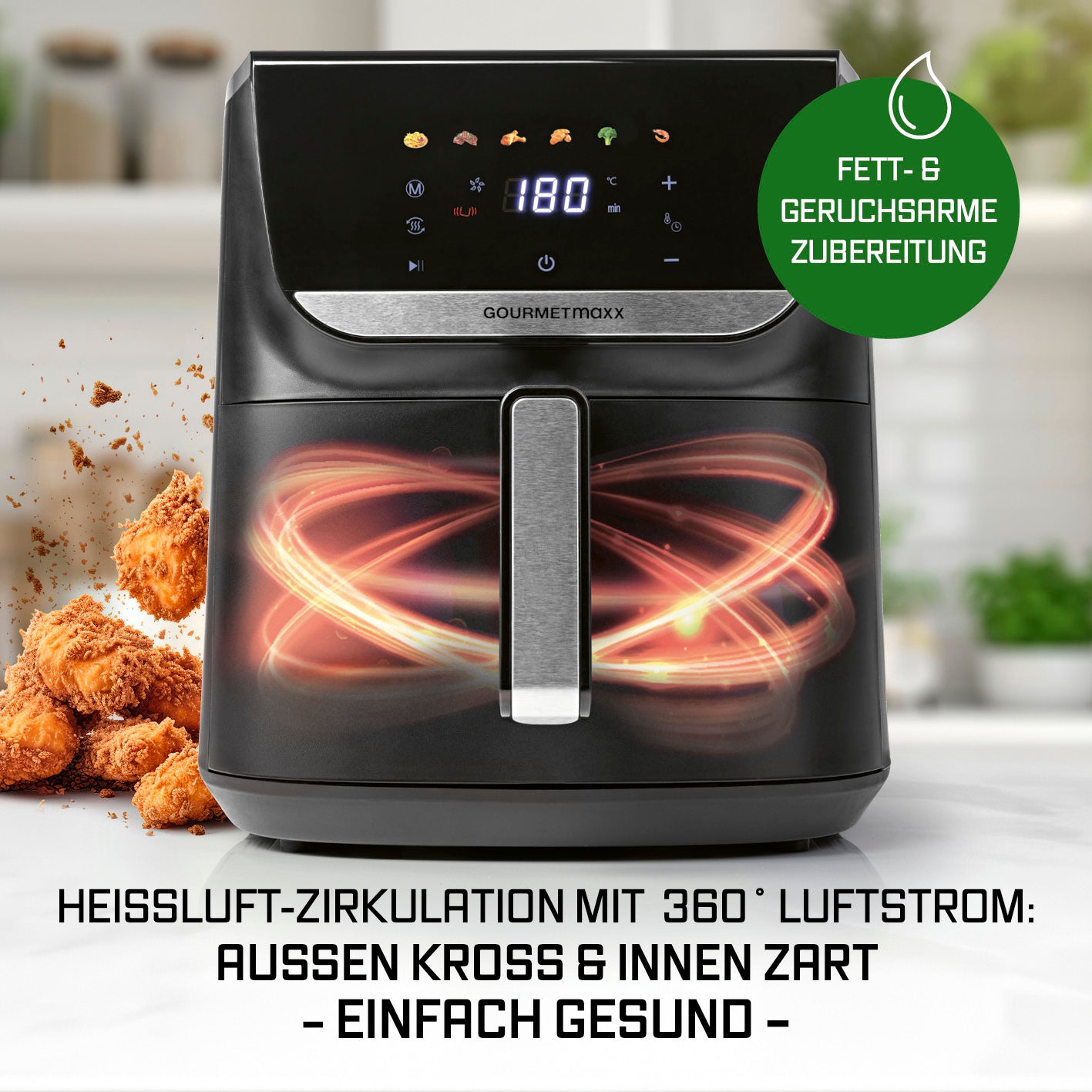 Heißluftfritteuse - 7,5 Liter mit 9,5 Zoll LED-Display, 1700W, fettarm, 7 Funktionen, für gesunde, knusprige Gerichte.