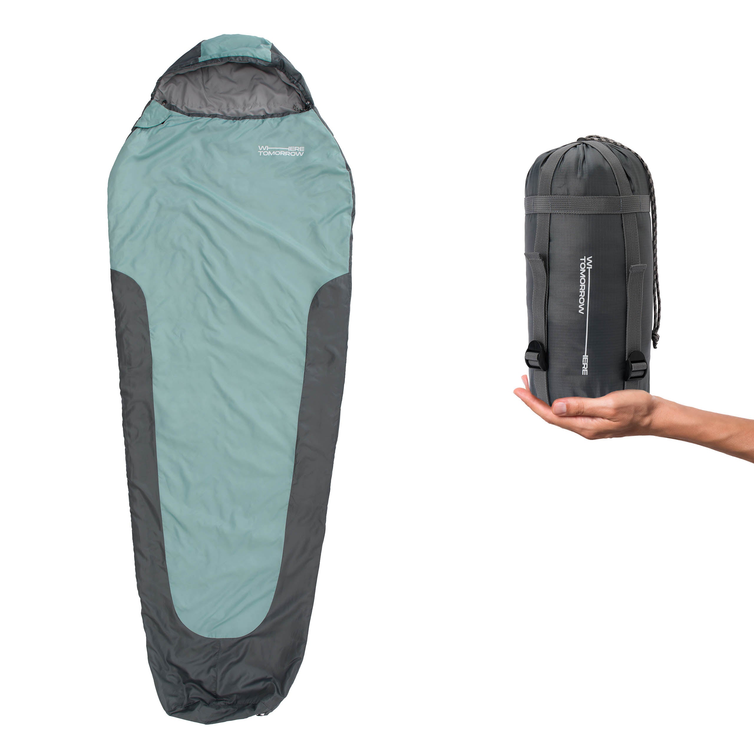 Schlafsack Small & Light - Mumienschlafsack in Hellblau-Grau mit wasserabweisendem Material und praktischer Tragetasche.