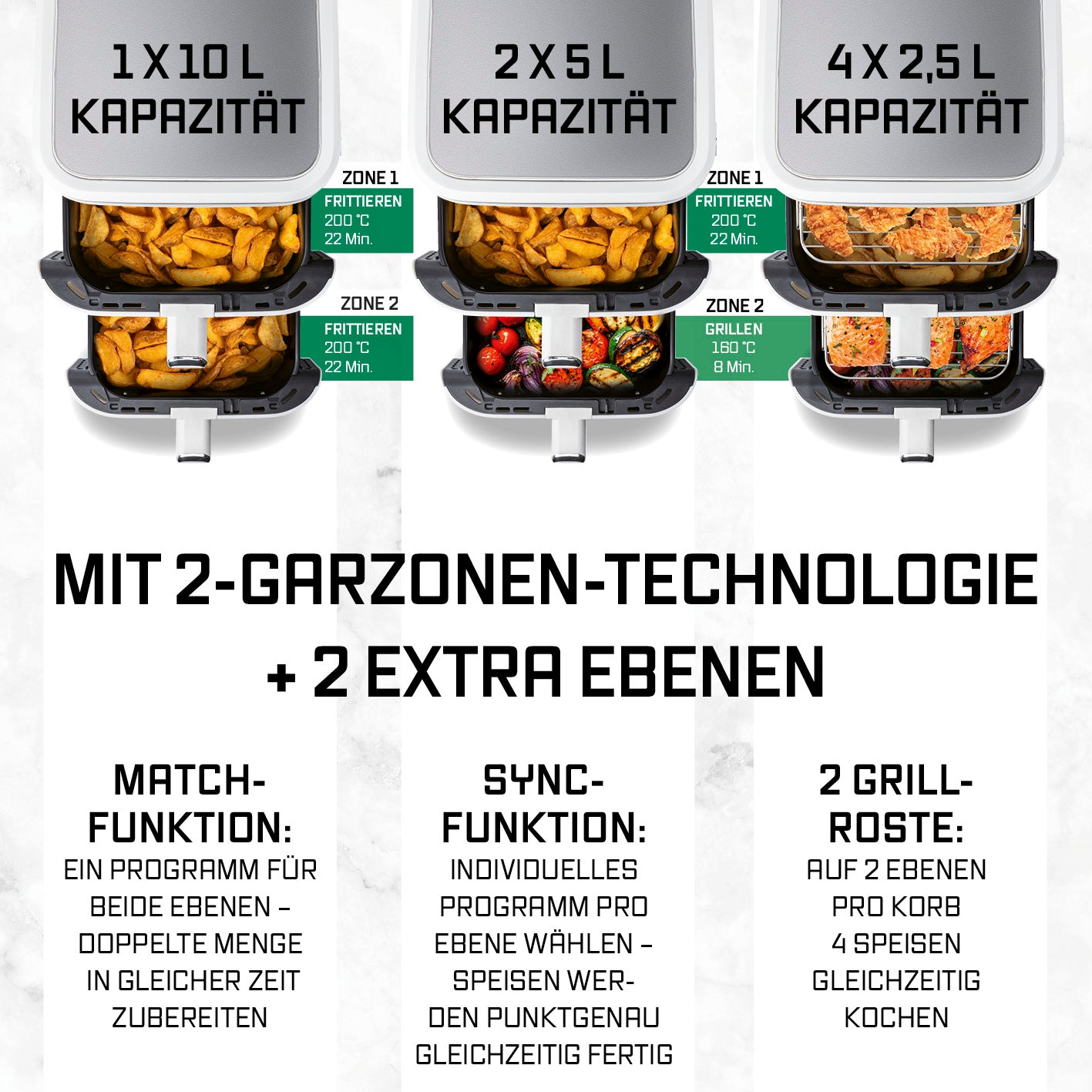 FryUp Vertikale Doppelkammer-Heißluftfritteuse - Weiß mit 2 Garzonen-Technologie und flexiblem 10-Liter-Volumen auf 2 Ebenen.
