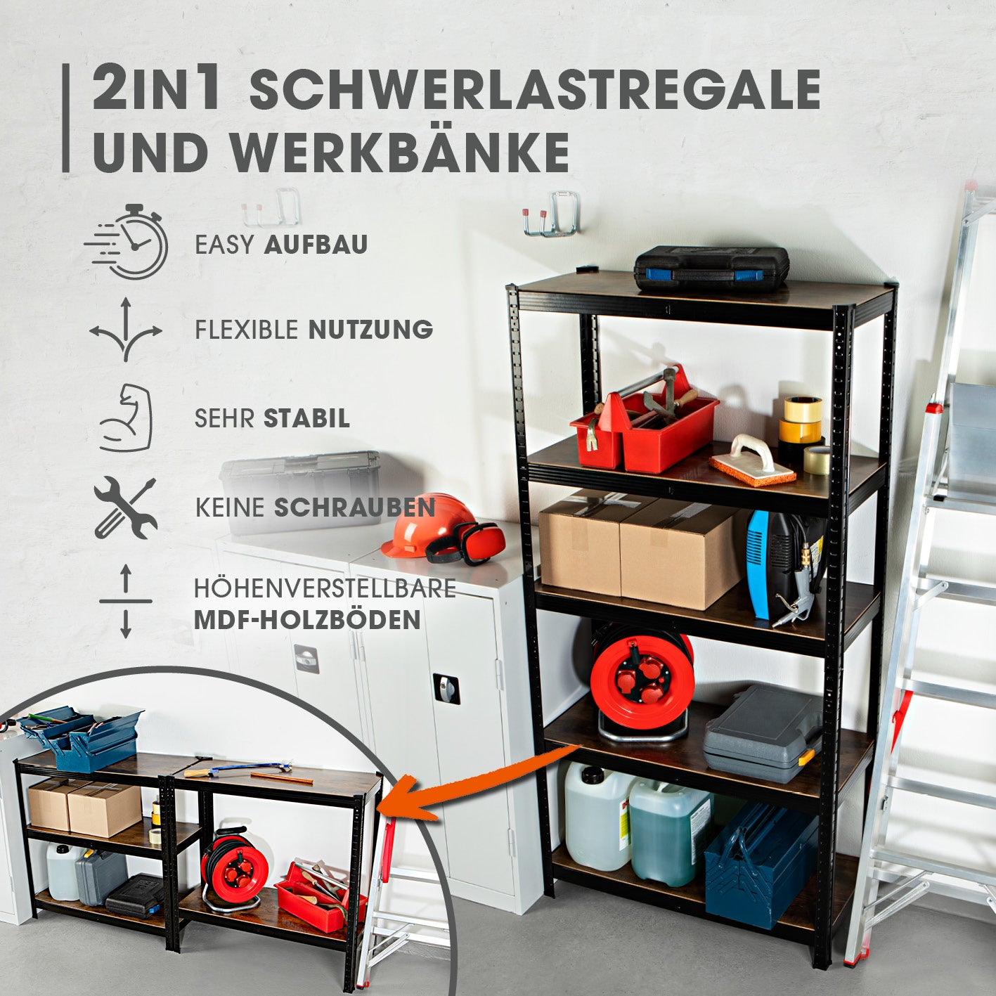 2 in 1 Schwerlastregal & Werkbank - 180 x 90 x 40 cm - Schwarz mit 5 höhenverstellbaren MDF-Platten und flexibler, stabiler Metallkonstruktion.