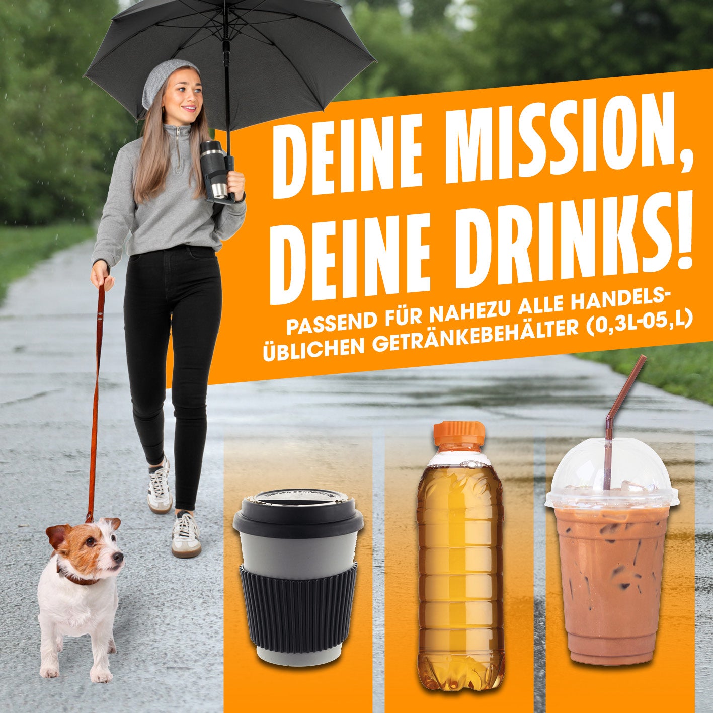 Frau mit Regenschirm mit Getränkehalter geht spazieren, hält Getränk, windfest und wasserabweisend, ideal für Alltag und Stadtbesuche.